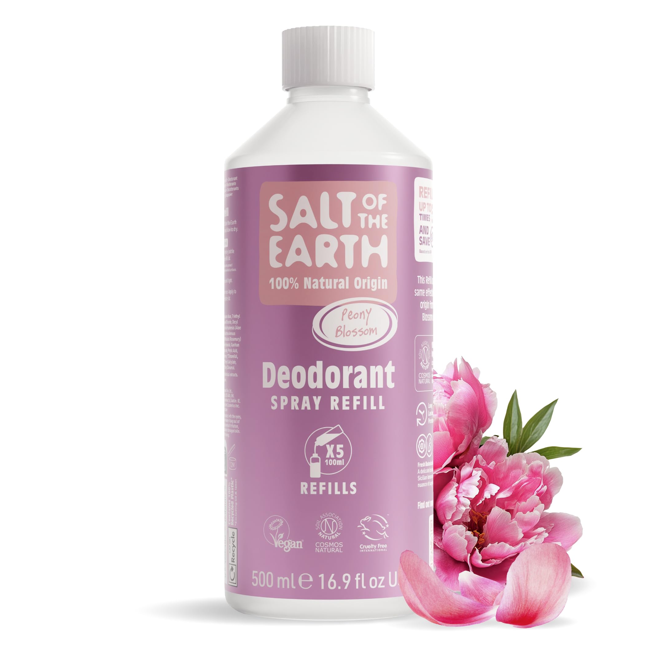 Salt Of The Earth - Natural Deodorant Spray Refill - 100% Natural Origin Ingredients - Vegan, Long Lasting Protection, Leaping Bunny Approved, Made In The Uk - Peony
