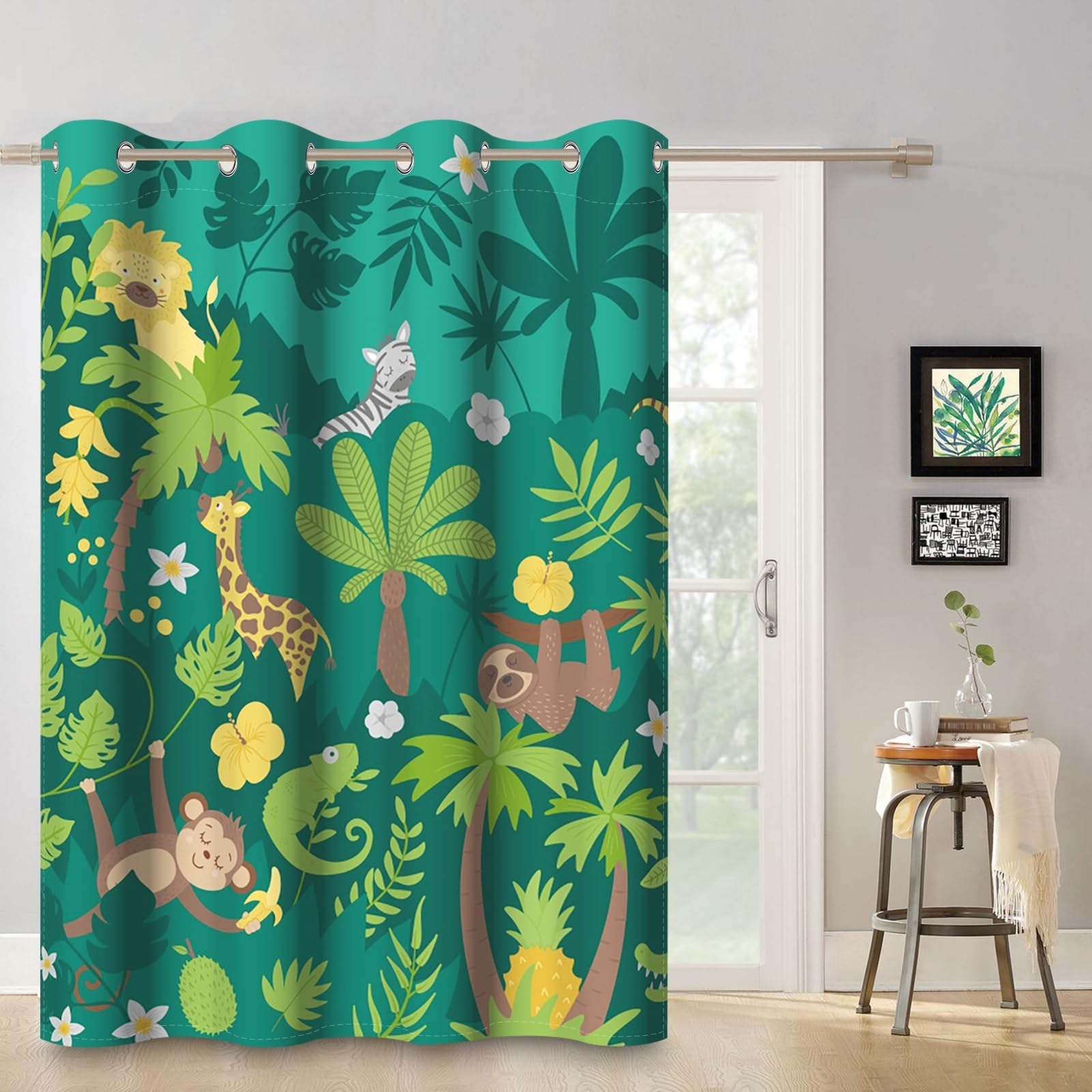 ggaimwf 53"x 69" Cartoon Animals Eyelet Curtain for Kids Bedroom Green Forest Tropical Colorful Cute Zoo Insulated Thermal Grommet Blackout Window Drapes for Boy's Nursery Playroom,1 Single Panel - Image 4