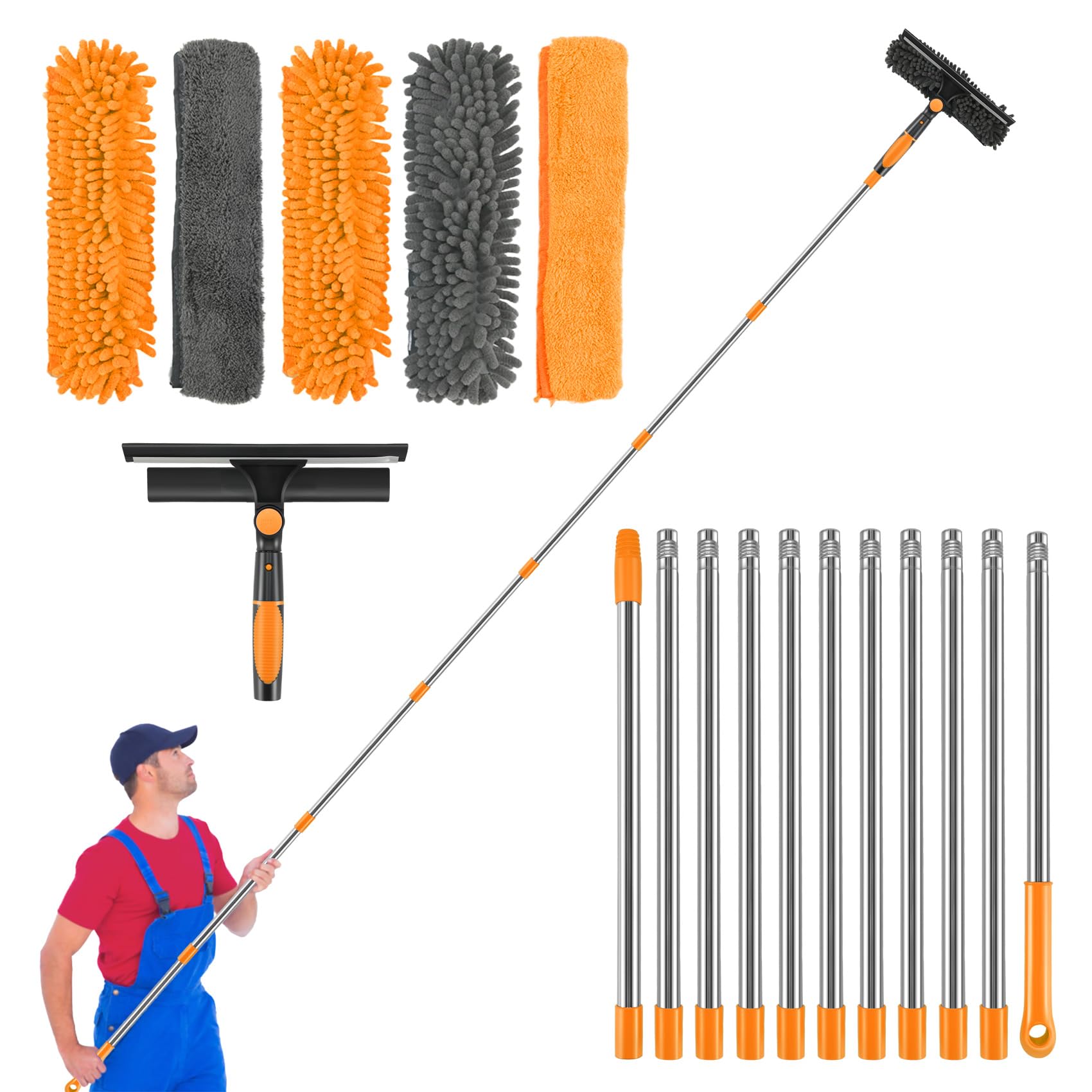 Clickinline Orange Window Cleaning Equipment, 5M Window Squeegee, Telescopic Window Cleaner, With Squeegee Brush And Scrubber Tool, 11 Pcs Adjustable Pole For Indoor/Outdoor High Window, Wall, ​Car (Orange)