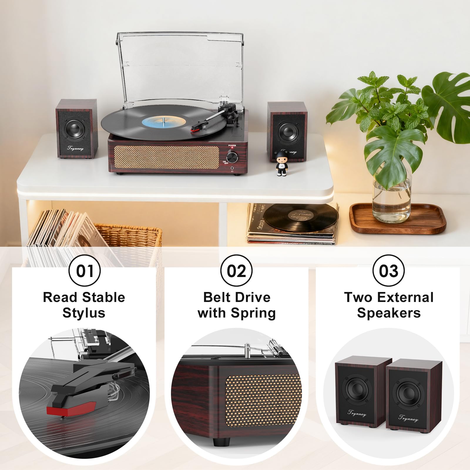 Trynnay Gramofon z pasywnymi głośnikami regałowymi, gramofon Bluetooth do płyt gramofonowych, 3 prędkości, bezprzewodowe wejście AUX, gniazdo słuchawkowe i funkcja automatycznego zatrzymania