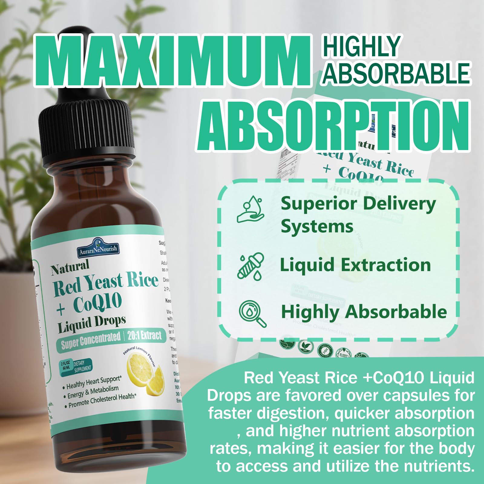 Liposomal Red Yeast Rice with Coq10 Liquid Drops, 5-in-1 Extra Strength 1200mg Cholesterol & Heart Support w. Citrus Bergamot Alpha Lipoic Acid | Cholesterol Lowering Supplement | GMO & Citrinin Free — Amazon image 6