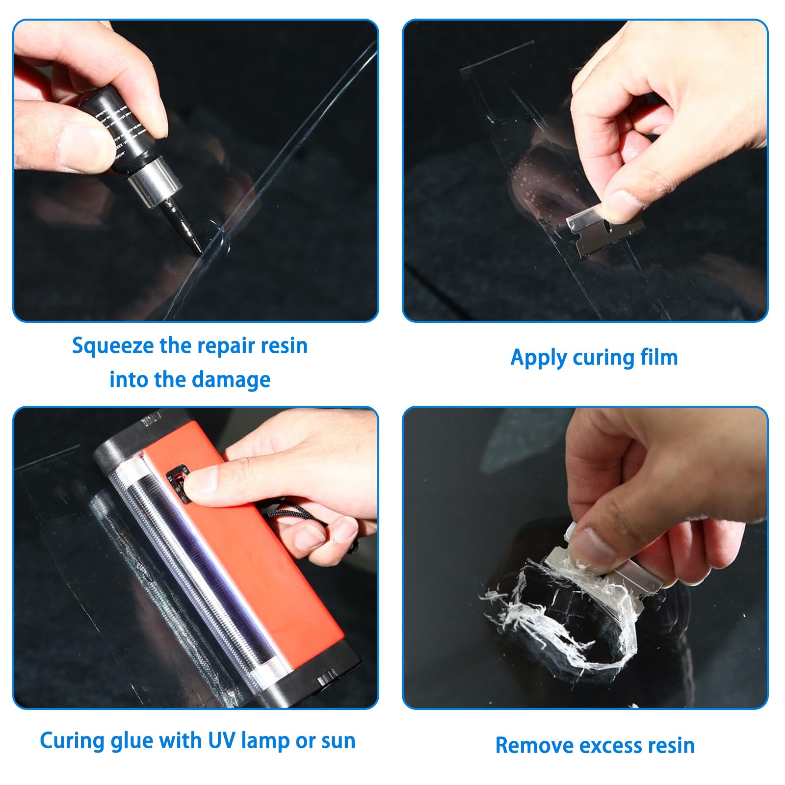 DMNQ Set di Riparazione Fluido per Riparazione Vetri da 2 Pezzi Set di Riparazione per Vetri per Parabrezza per Riparare Crepe A Stella E Mezzaluna Nero