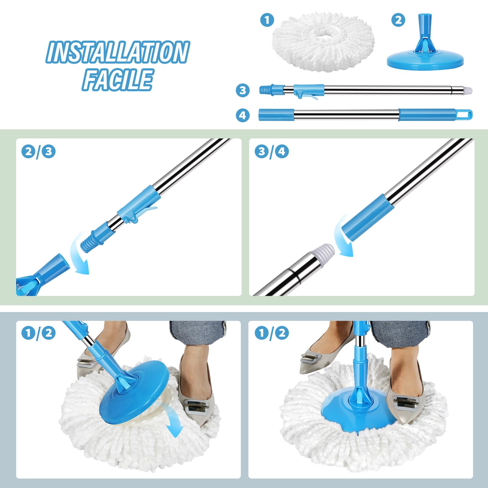 HEVOL Set de Serpillière avec Seau pour Le Nettoyage Sol, Seau Essoreur à Pédale et Balai à Franges en Microfibre, Serpillère Rotative 360° et 5 Tampons pour Le Nettoyage Sol, Carrelés, Bleu Pâle