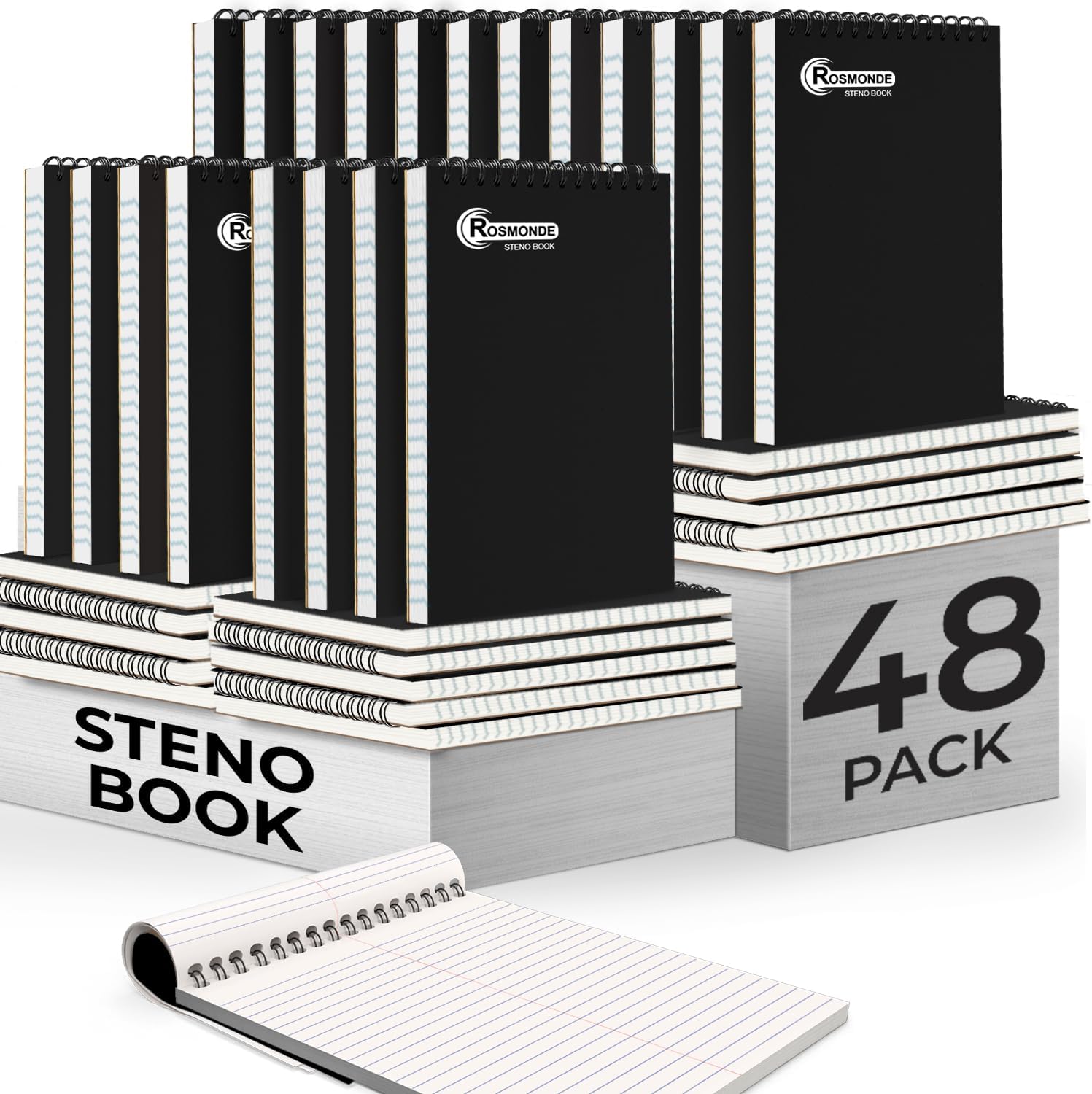 Rosmonde 48 Pack Bulk Spiral Steno Pads, 6"x 9", Steno