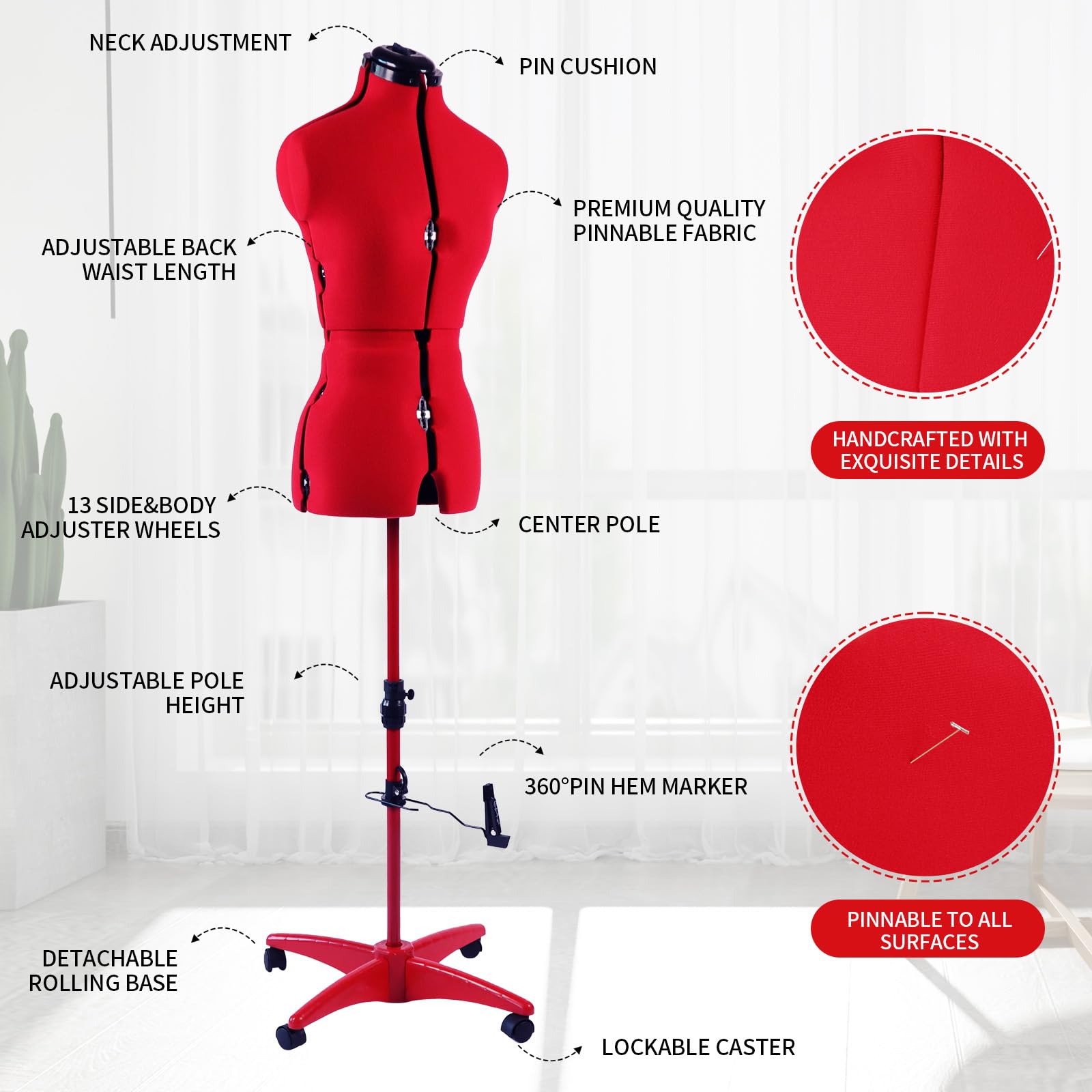 Verstellbare Schneiderpuppe zum Nähen, weibliche Größe 34-42, steckbare Körperform mit 13 Zifferblättern, Abnehmbarer Rollfuß, 108 cm - 152,4 cm Höhenbereich für Kleidung, Größe S bis M