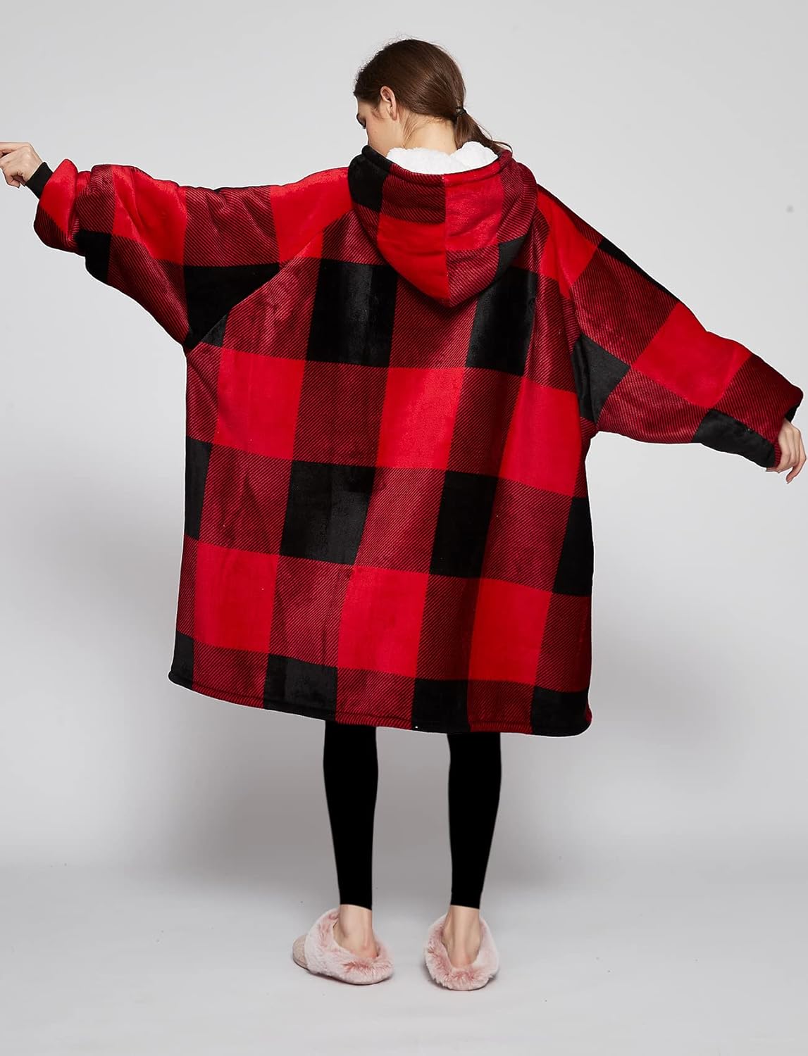 KFUBUO Wearable Blanket Hoodie for Adults Sherpa All Patterns Oversized Sweatshirt Blanket with Pockets for Women Red Plaid - Image 7