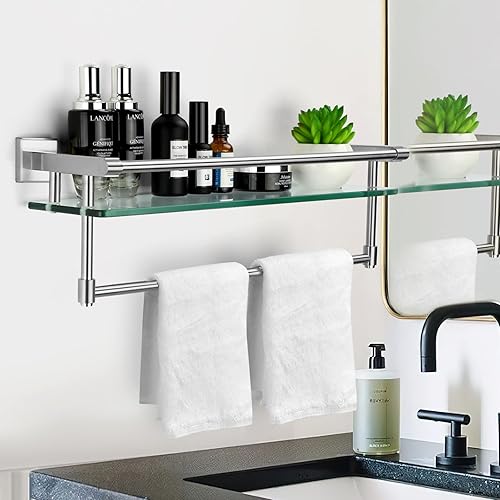 Miniatura 7 de Paquete de 2 estantes de vidrio para baño, 21 pulgadas, soportes rectangulares de acero inoxidable, vidrio templado, accesorios de montaje modernos