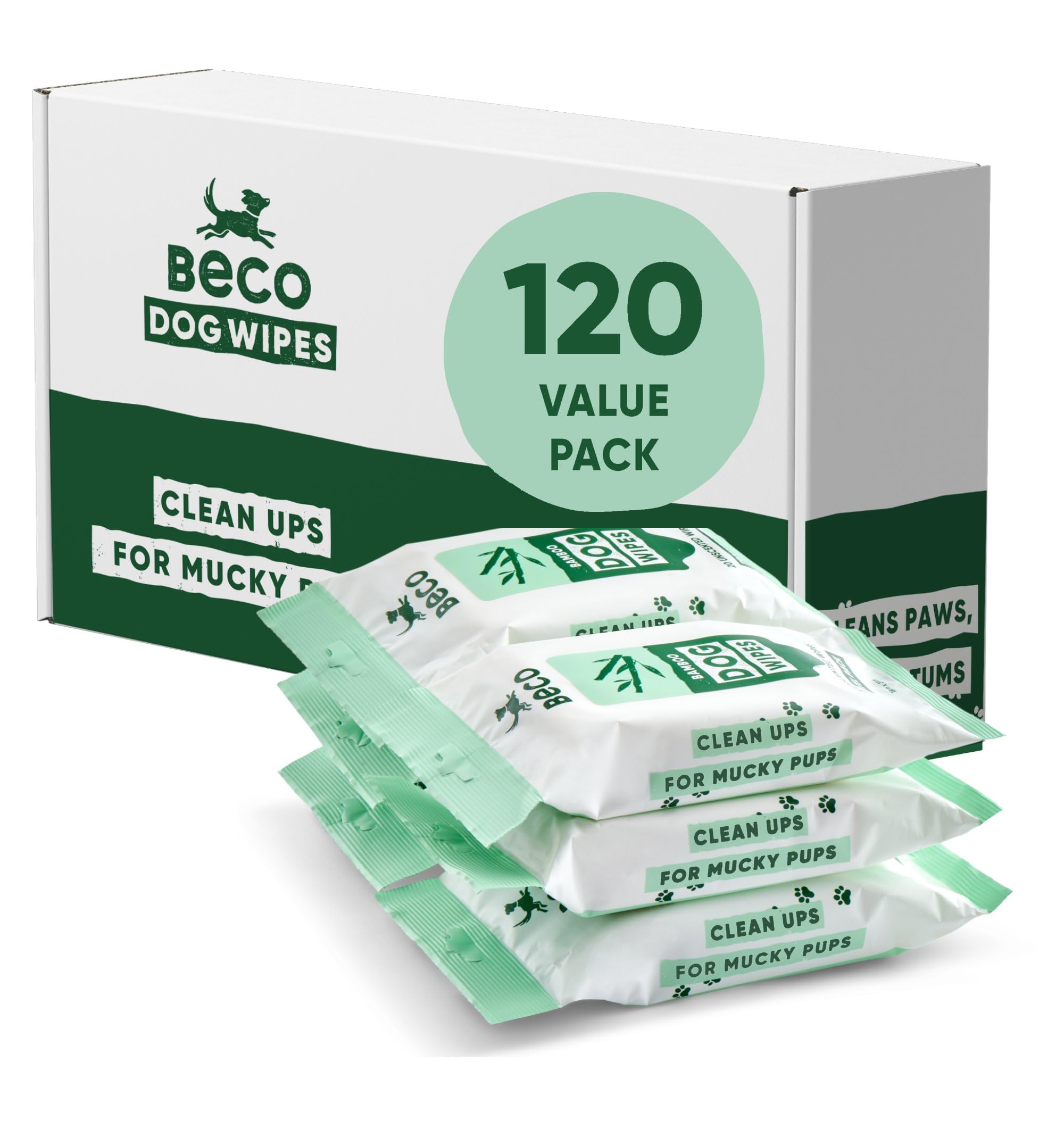 Beco Dog Wipes - 6 Travel Packs of 20, Unscented, For Paws, Body & Bum, Plant-Based Grooming Wipes