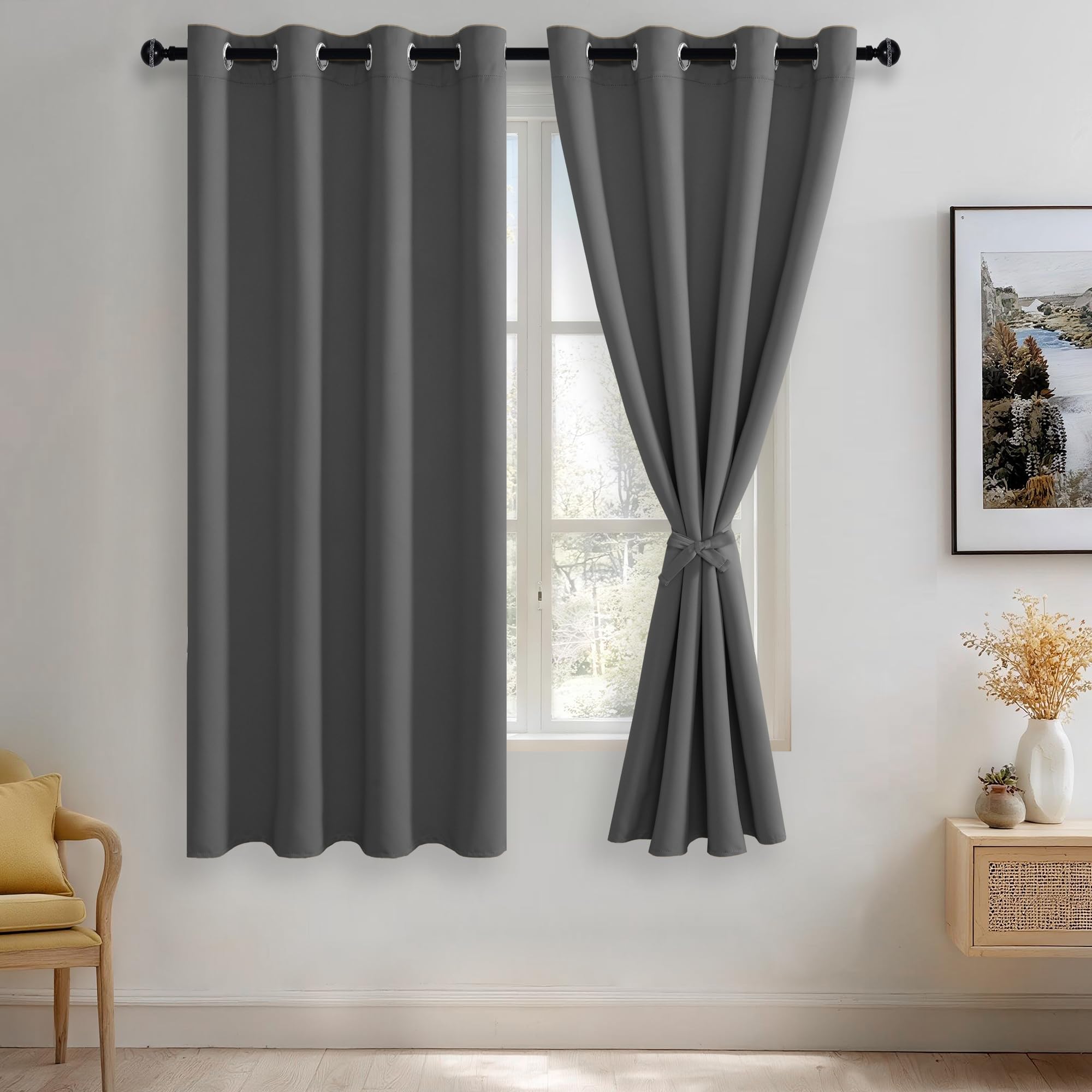 JIUZHEN Blackout Curtains with Tiebacks - Thermal Insulated, Light Blocking and Noise Reducing Grommet Curtain Drapes for Bedroom and Living Room, Set