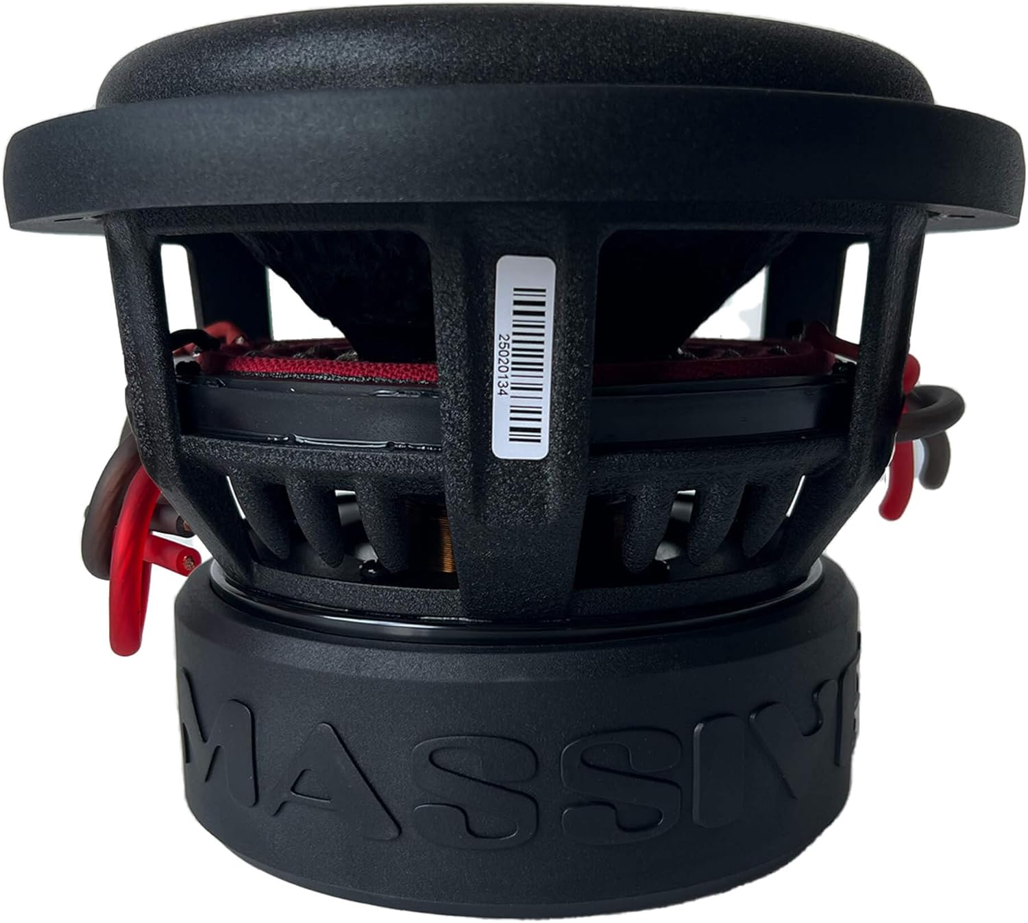 Massive Audio H84X Subwoofer side view showing the motor structure, vented back plate, and barcode 25020134