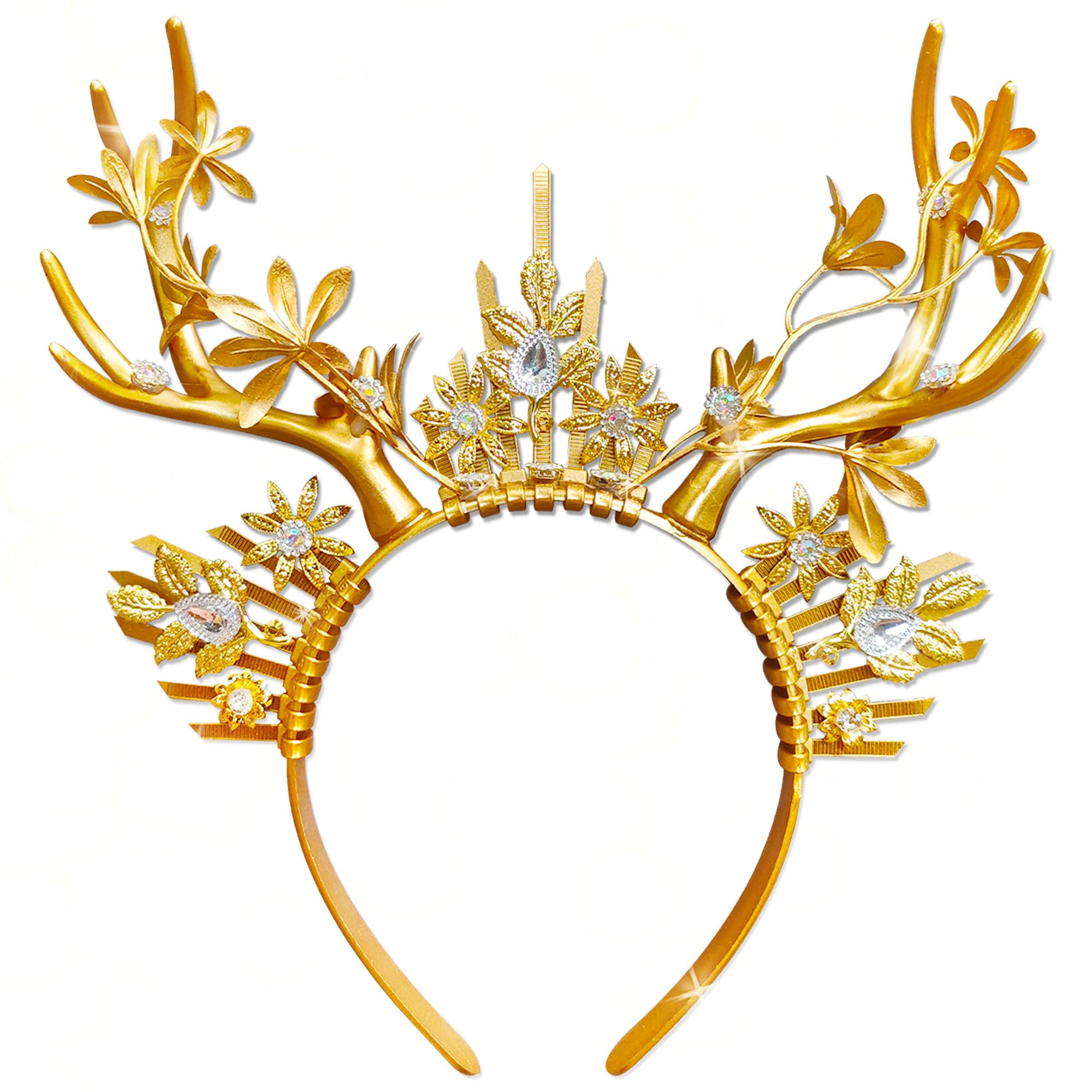 LaVenty Luxury Reindeer Antler Headband Gold Deer Headbands Fantasy Fairy Elven Headband Festival Wear Party Hats