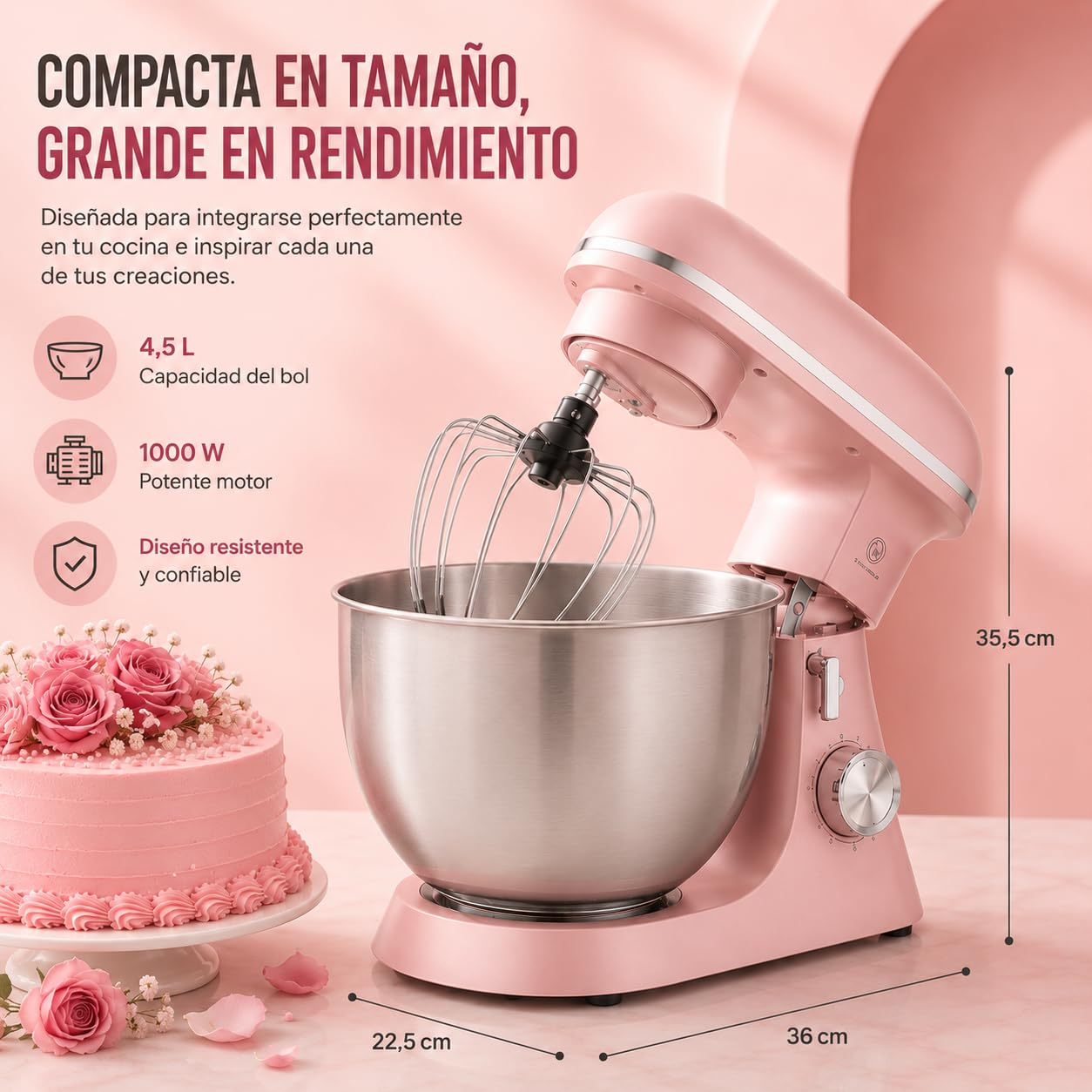 Royal Swiss Robot de Cocina Amasadora 5L 1500W, 10 Velocidades + Pulso, Movimiento Planetario 360°, Cuenco Inox, Batidora para Pasteles, Merengue, Pan y Pizza, Rosa