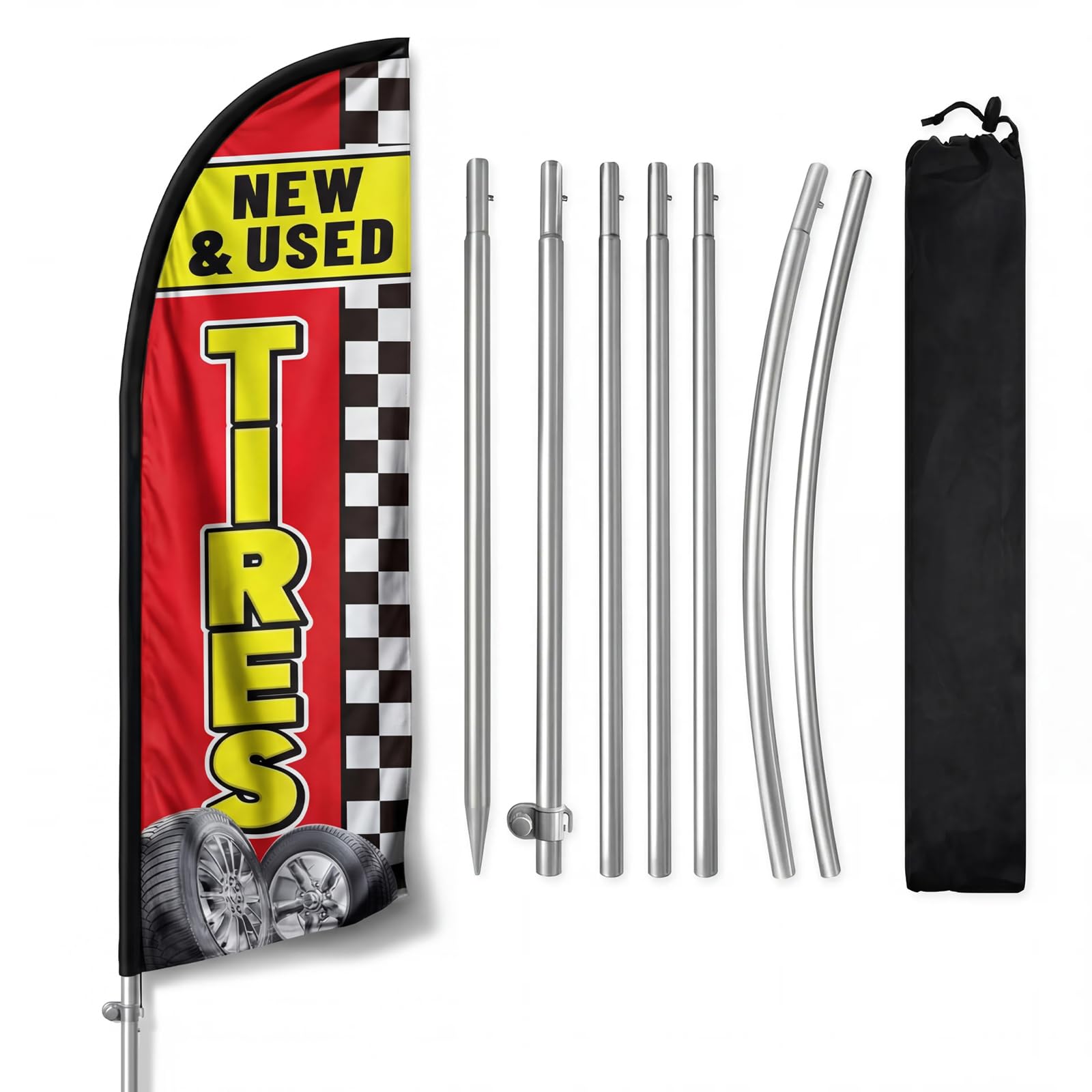 QSUM New & Used Tires Flag for Business, New & Used Tires Signs, 8FT Polyester Advertising Swooper Flag with Aluminium Alloy Flag Pole Kit, Stainless Steel, Ground Spike, Portable Bag