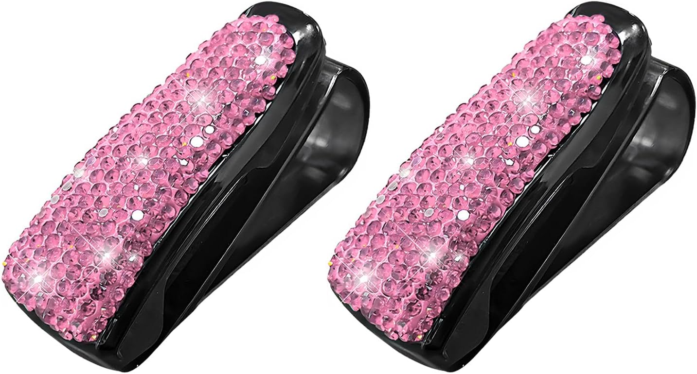 Dickno 2 PCS Bling Sunglasses Holder for Car Sun Visor, Crystal Rhinestones Eyeglasses Hanger Mount with Ticket Card Clip, Universal Vehicle Visor Decor Accessories for Women (Pink)