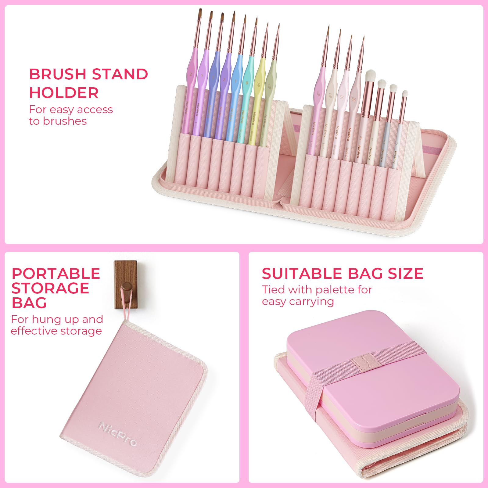 Nicpro Kit de peinture miniature esthétique, palette humide et 16 pinceaux de peinture pastel avec sac en nylon, 100 feuilles de papier, 4 éponges, palette de peinture pour figurines Chibi Miniatures