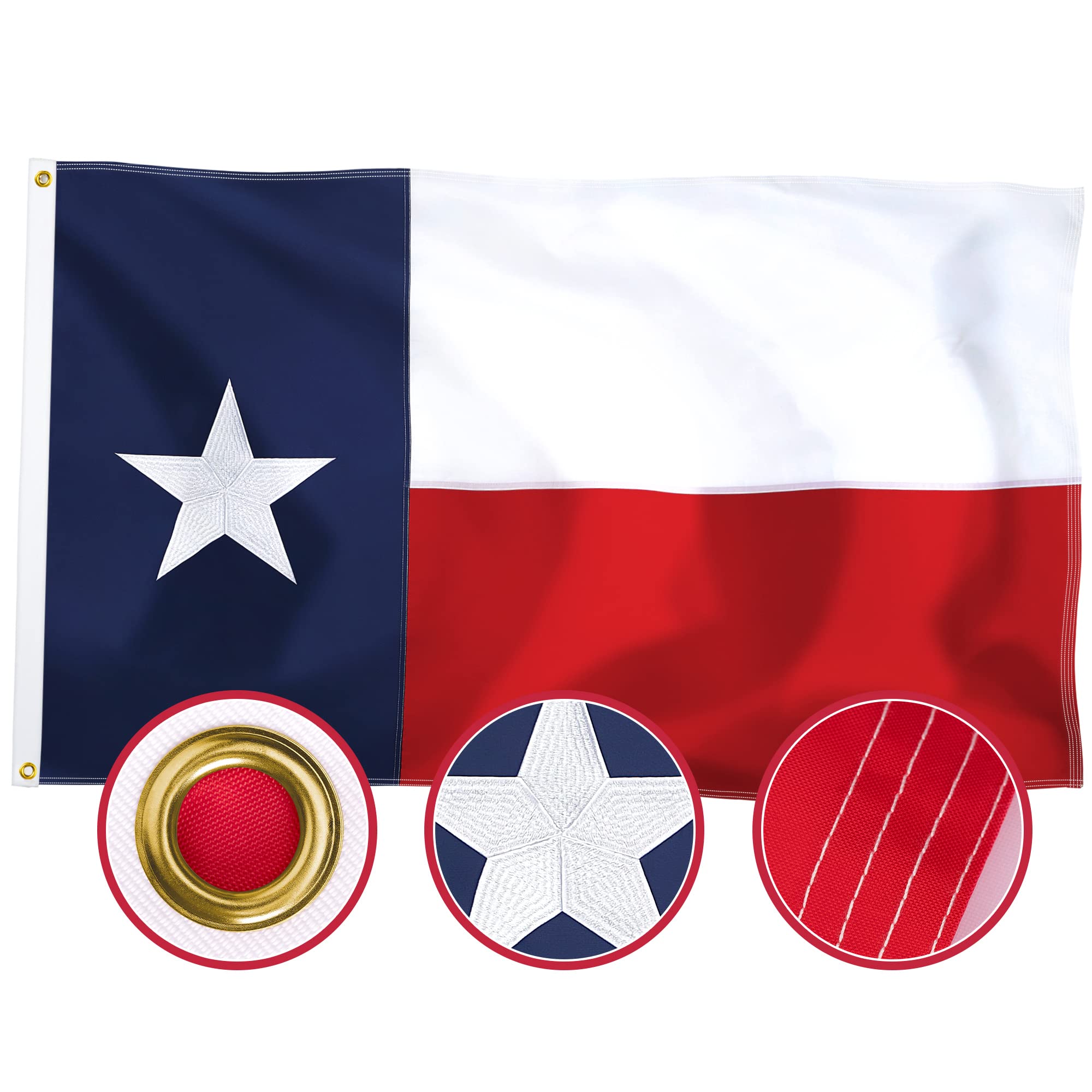 Texas State Flag 3x5 ft Outdoor, Made in USA Double Sided Heavy Duty 210D Nylon, the Strongest Longest Lasting TX Flags with Embroidered Stars/Sewn Stripes/4 Stitch Hemming