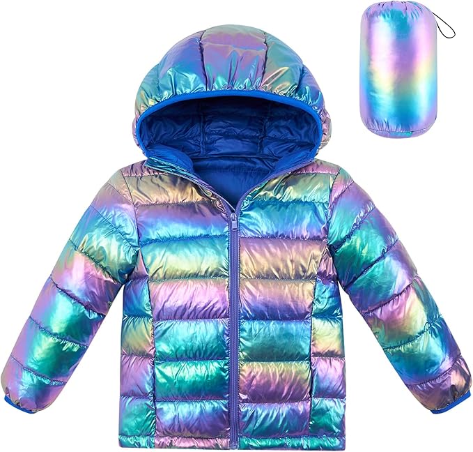 Lovekider Hooded Puffer Jacket for Girls 4-12T Packable Down-Alternative Warm Coat Shiny Outerwear for Kids Winter