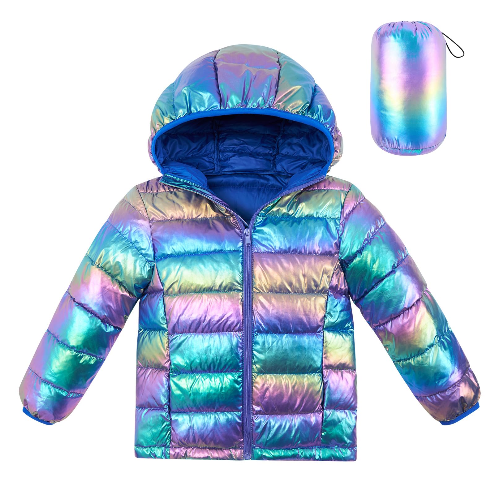 Hooded Puffer Jacket for Girls 4-12T Packable Down-Alternative Winter Coat Shiny Outerwear for Kids