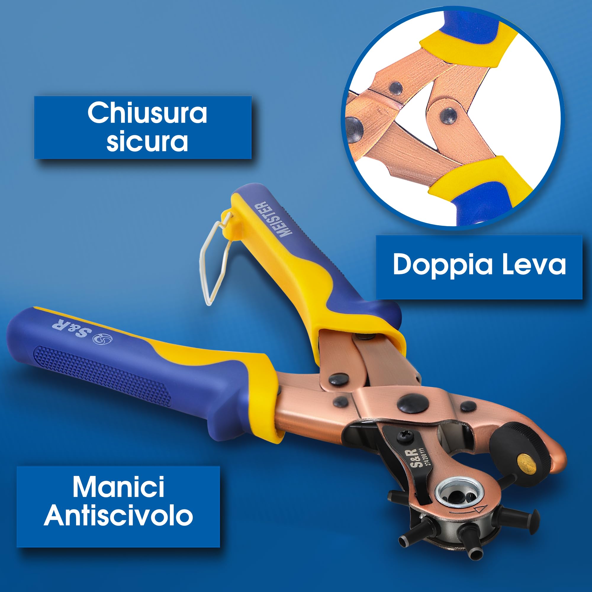 S&R Fustellatrice Buca Cinture Fori Tondi per Cuoio, Pelle, Plastica. 6 Fustelle di 2/2,5/3/3,5/4/4,5 mm. Pinza Professionale di Alta Qualità