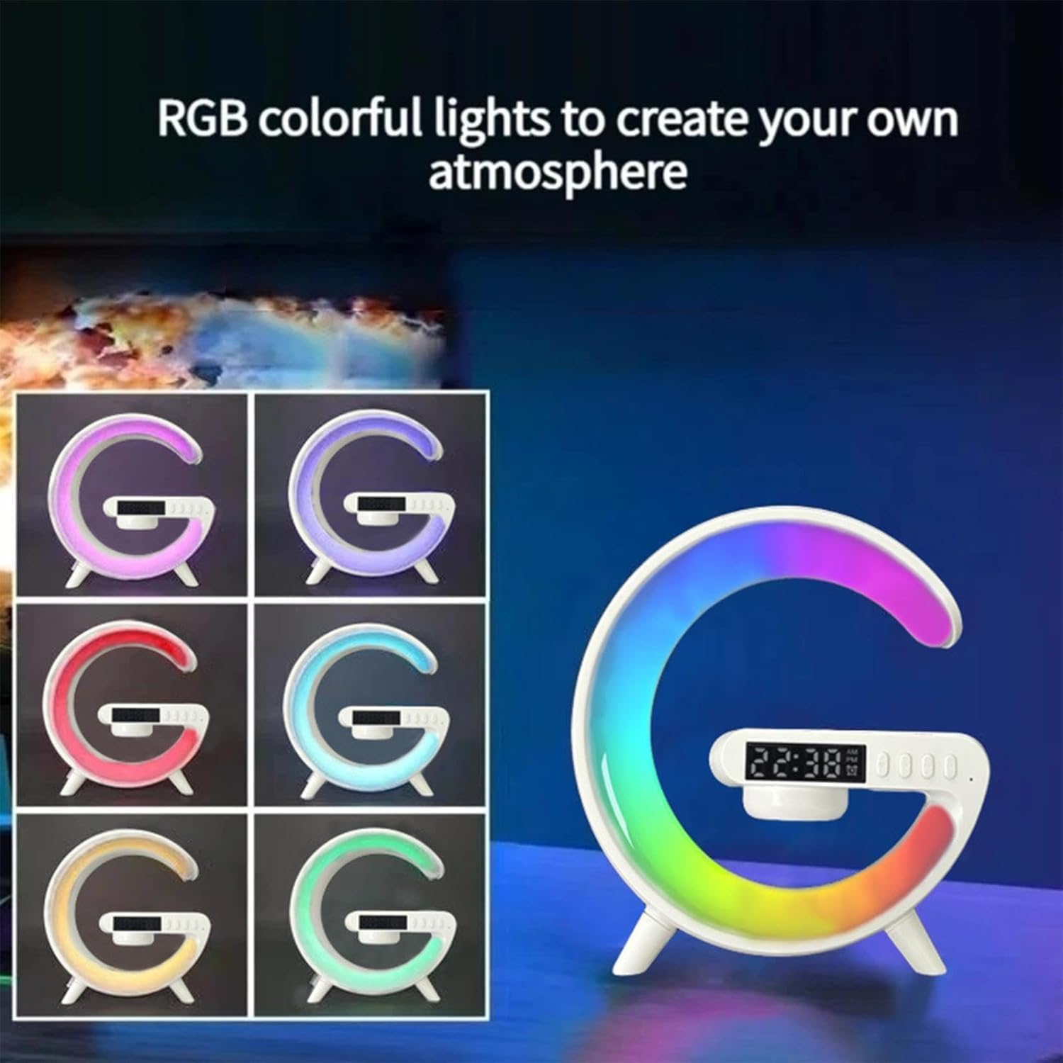 Chargeur sans fil Lampe Haut-parleur Bluetooth Horloge Musique Réveil Bouton et Contrôle APP 7 Modes de Couleur de Lumière Réveil pour Chambre à Coucher, Salon, Maison et Bureau Réveil avec Chargeur