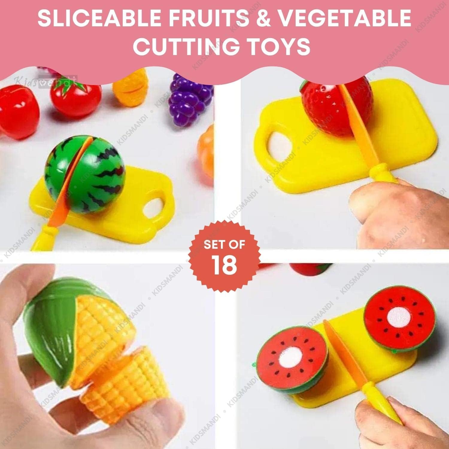 Kids Mandi Slice & Play Fruit and Vegetable Set | Interactive Pretend Play Toy with Realistic Sliceable Fruits and Vegetables | Cutting Food for Kids - 18pcs - Image 2 thumbnail