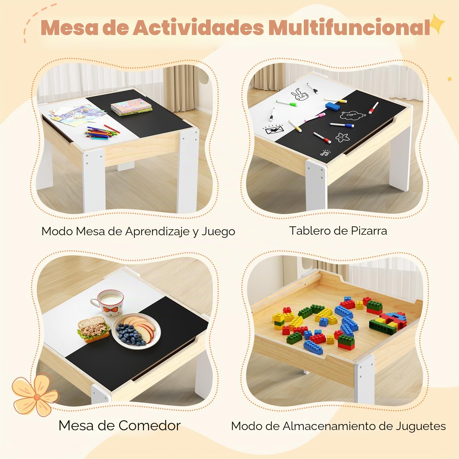 Juego de mesa y silla para niños, juego de mesa y silla de madera 5 en 1 para niños, doble superficie, construido para dibujar, leer y manualidades