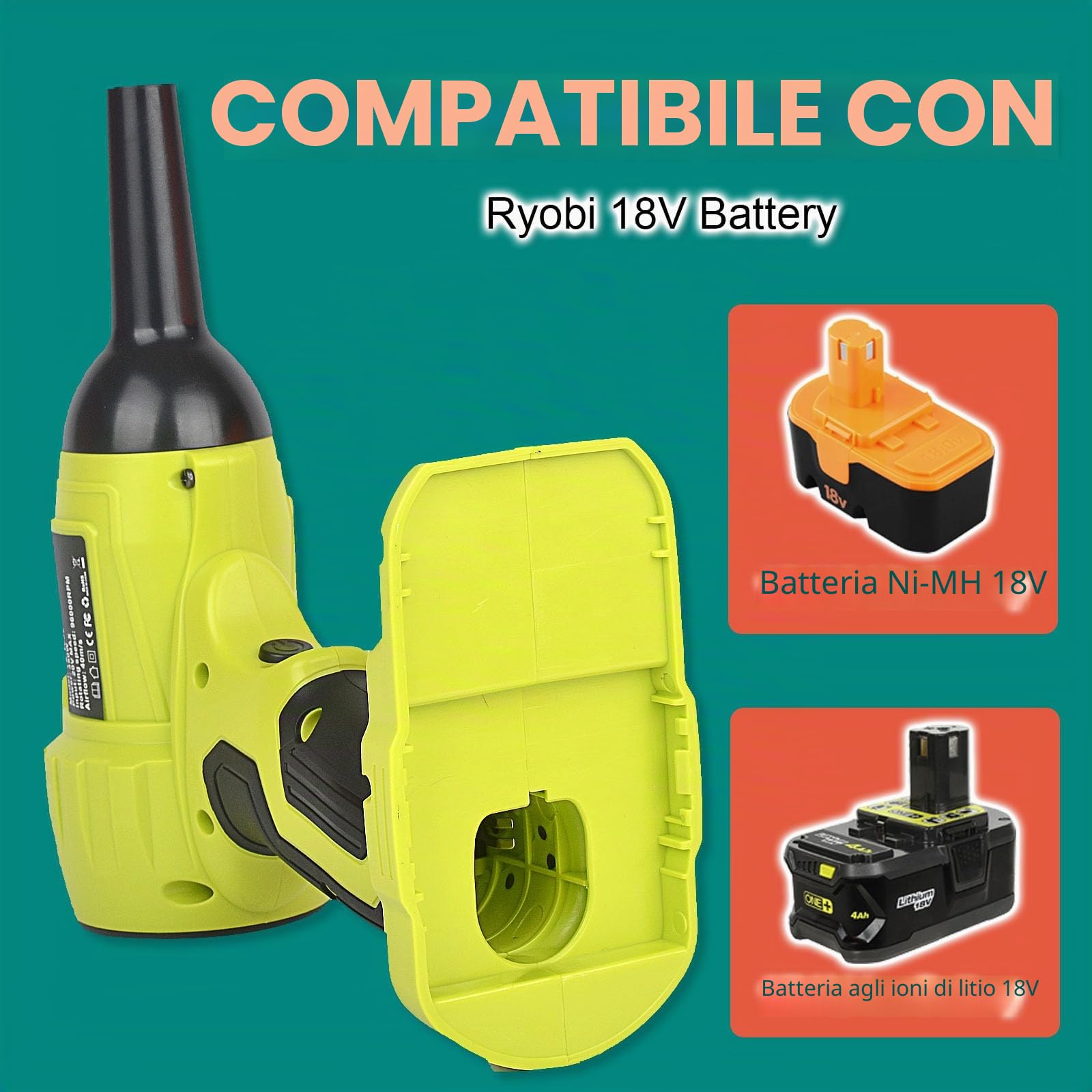 Soffiatore d'aria senza spazzole per batteria Ryobi da 18 V, spolverino senza fili con velocità regolabile all'infinito, 96000 giri/min, per cantiere, campeggio e giocattoli da piscina (batteria non