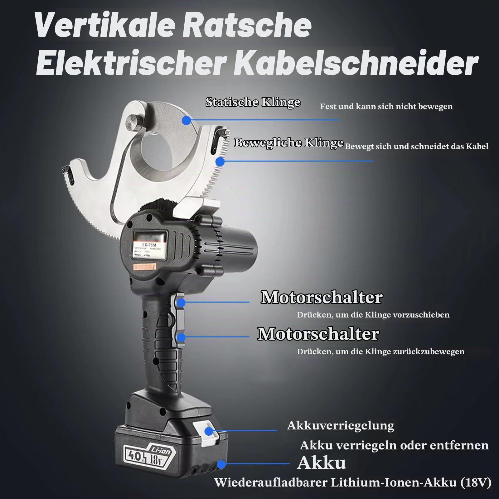 Akku Hydraulische Kabelschere,Elektrischer Ratschen-Kabelschneider,18V Kabelschneider Elektrischer Drahtschneider Drahtschneidewerkzeug für Kupfer Al Kabel,EC-65