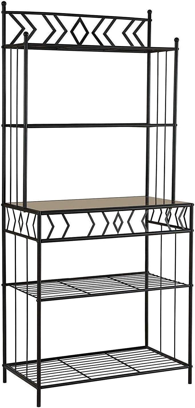 Kitchen Bakers Rack in Black Metal with Marble Finish Top