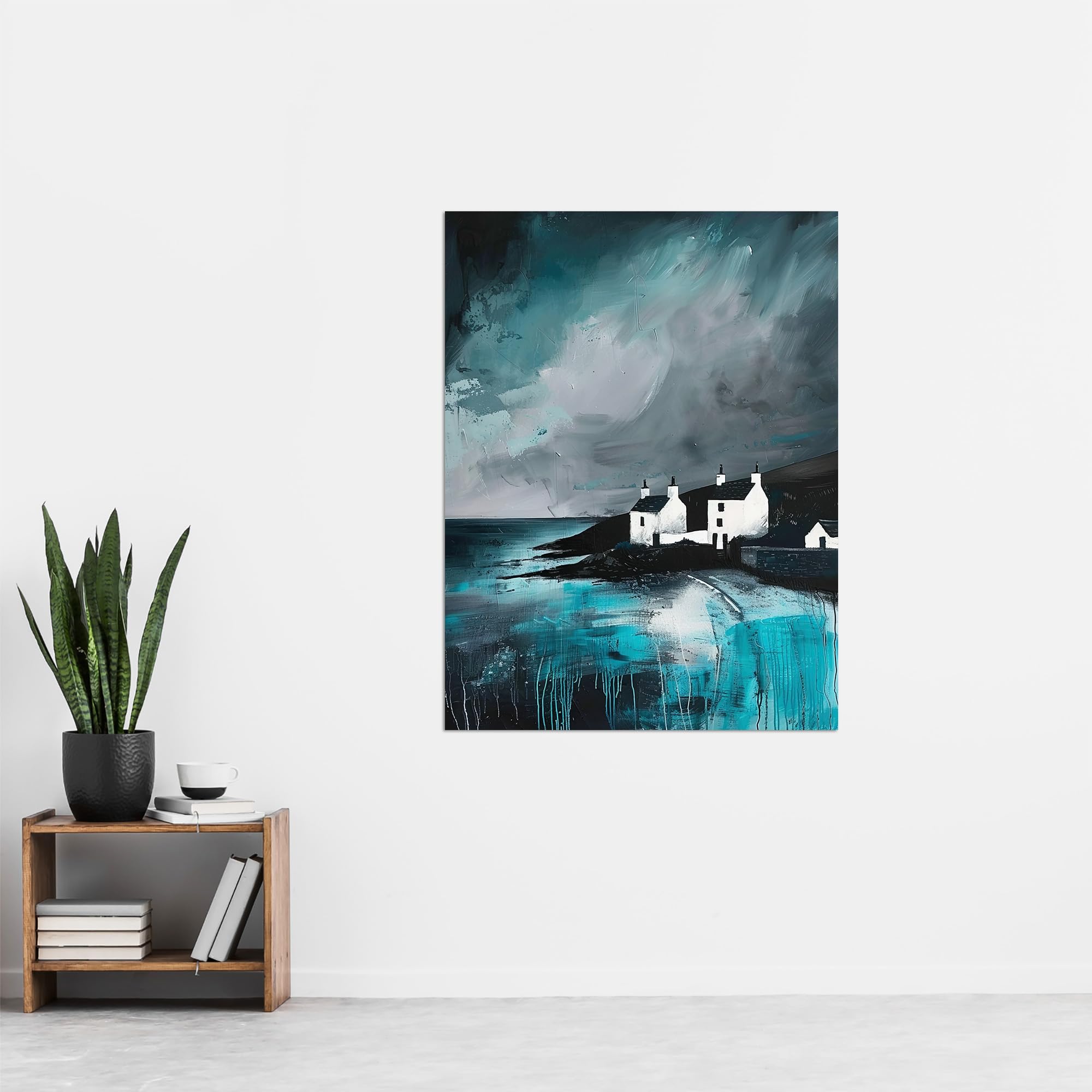 Artery8 Coastal Cottages Oil Painting Grey Sky Scotland Living Room Extra Large XL Wall Art Poster Print, Unframed 24X32", 81L x 61W cm - Image 4