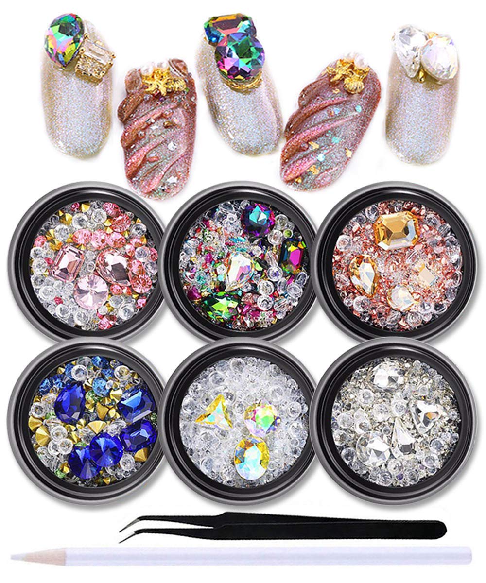 SILPECWEE 6 Boxes 3D Mix-Size Nail Art Rhinestone Set Laser Nail Crystal Clear Colorful Nail Gem Manicure Jewelry Decorations With 1Pc Tweezers And Picker Pencil
