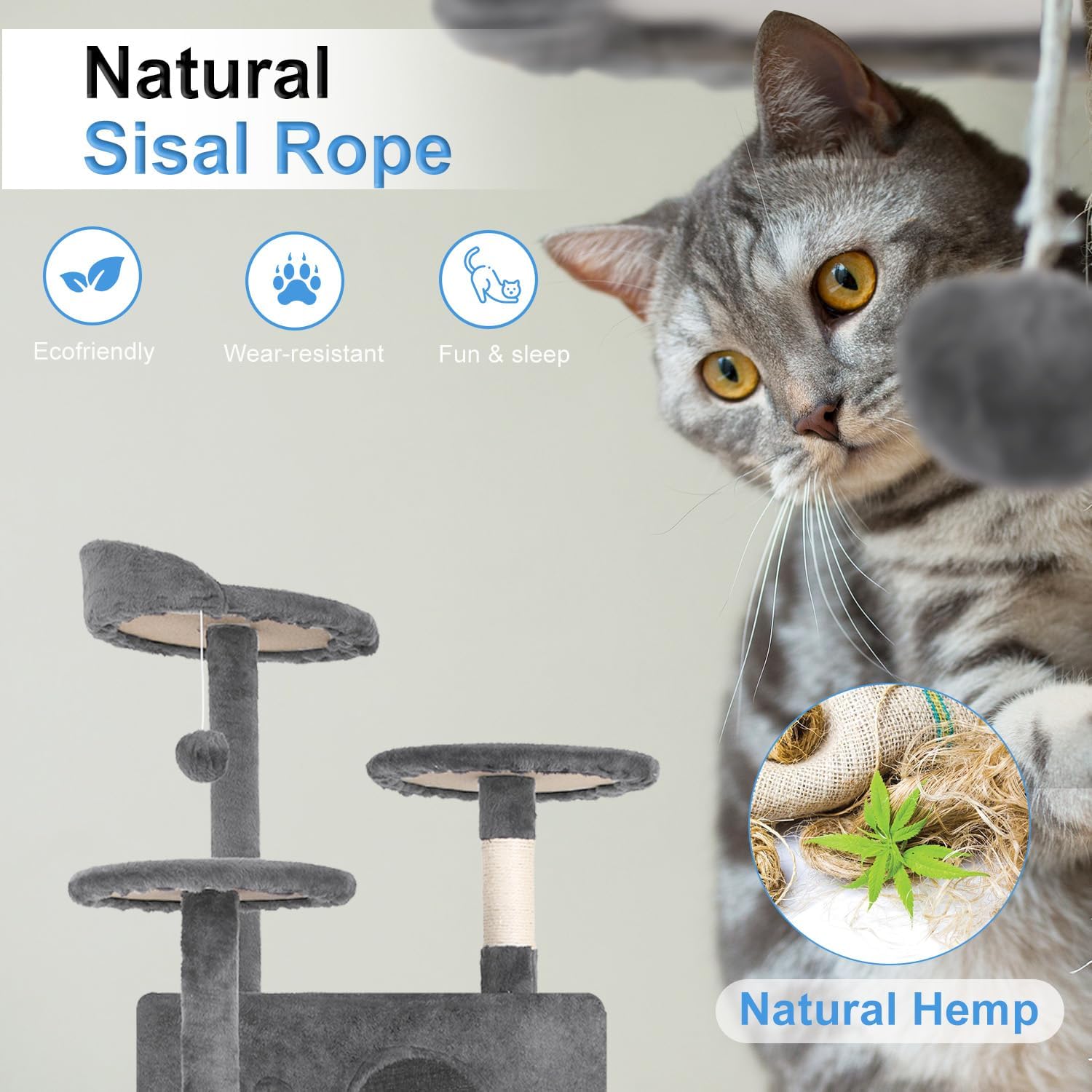 54" Light Gray Multi-Level Sisal Cat Tree Tower