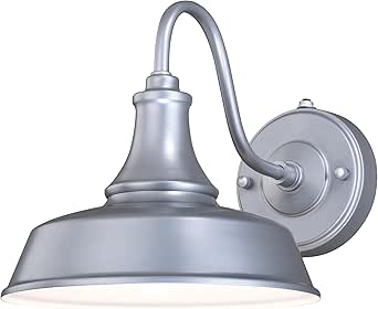 VAXCEL Dorado 9 in. H 1-Light Satin Silver and White Dusk to Dawn Sensor Farmhouse Outdoor Wall Sconce, Gooseneck Steel Shade, Dark Sky Compliant for Exterior Porch Patio Front Door or Garage