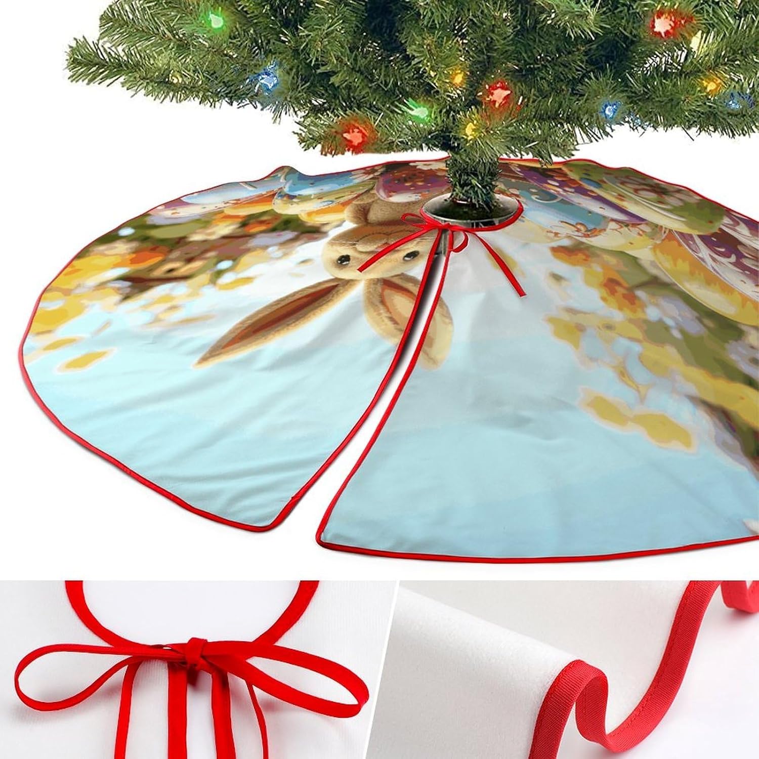 Christmas Tree Skirt,for Xmas Tree Holiday Party Decorations Easter Colorful Eggs Printed Christmas Tree Mat Red Lace-up Christmas Tree Dress