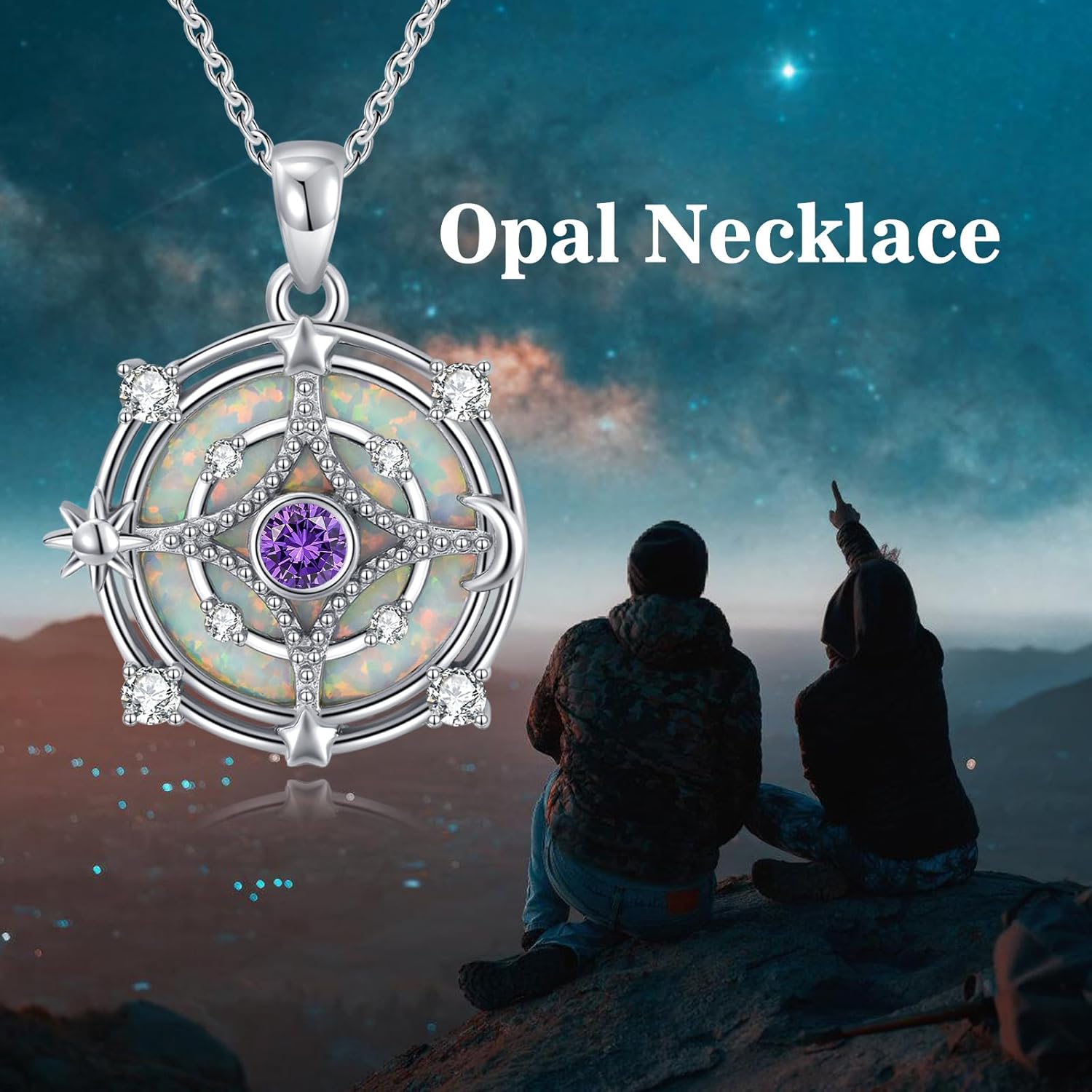 Opal Compass Necklace for Women Opal Necklace for Women Sun Moon Star Pendant 925 Sterling Silver North Star Anniversary Birthday Gifts Jewelry for Her - Image 4