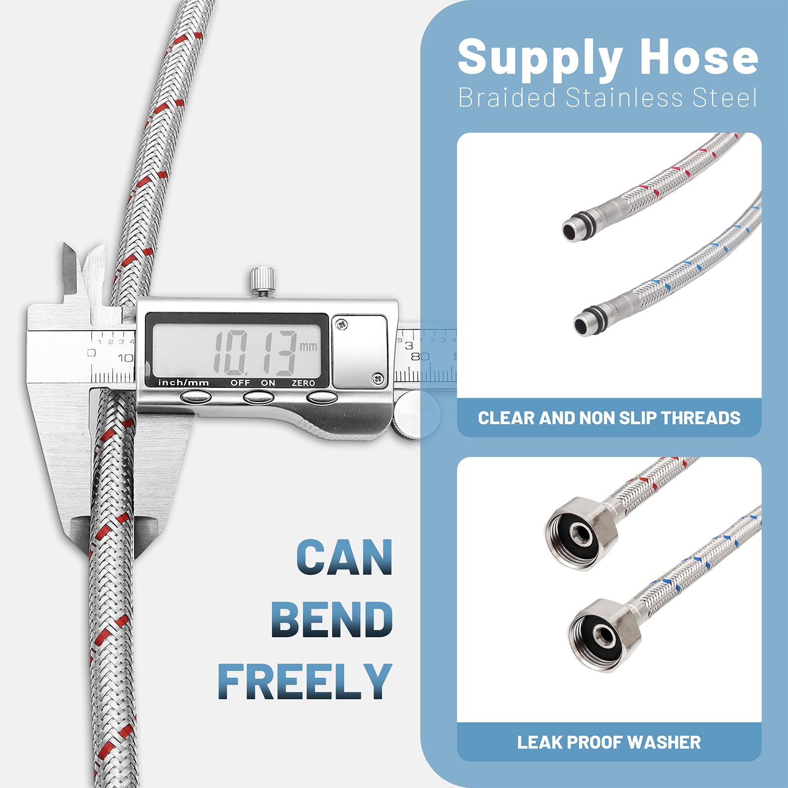 BWE 100 cm Long Faucet Connector Braided Stainless Steel Supply Hose 3/8-Inch Female Compression Thread x M10 Male Connector, x 2 Pcs (1 Pair)