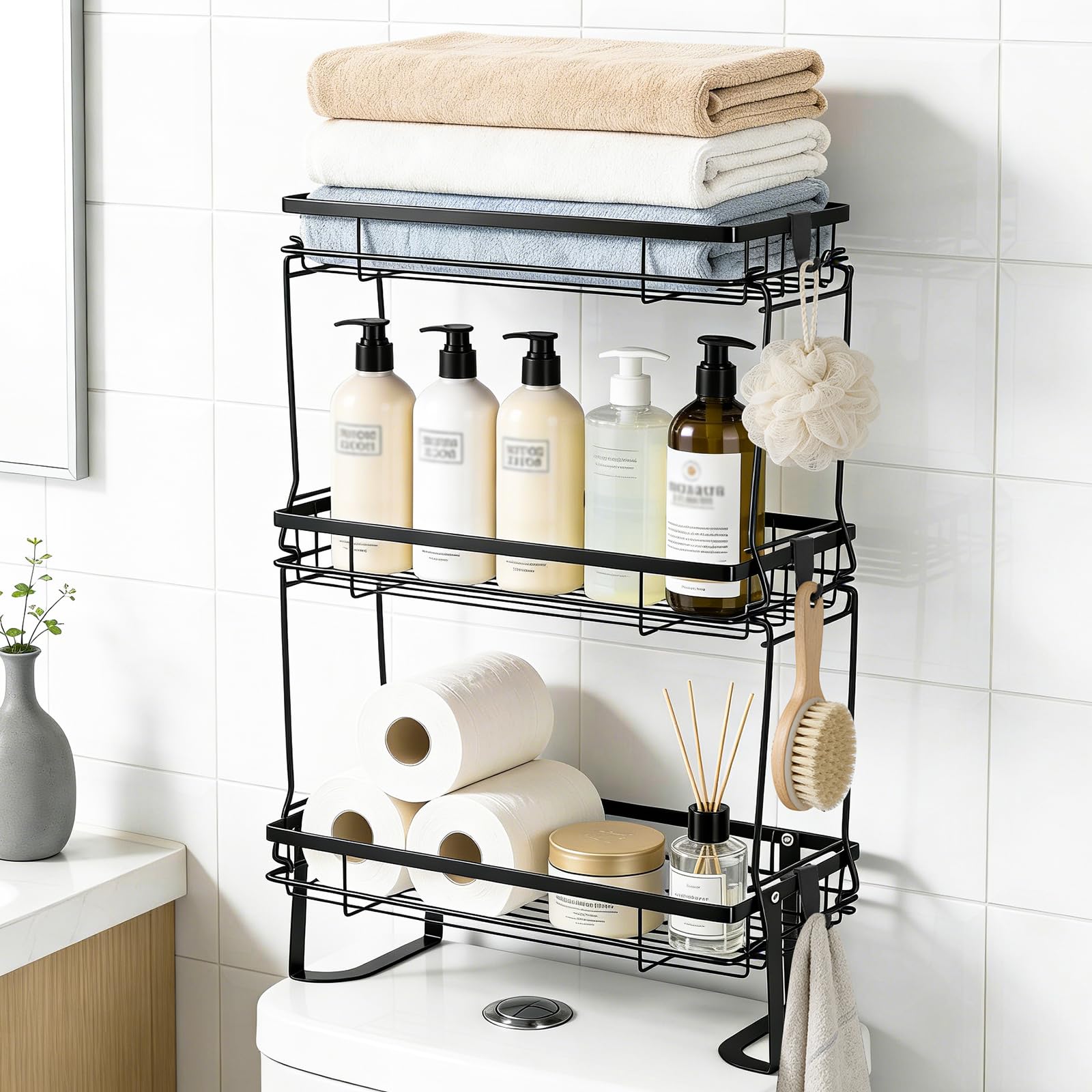 Estante de Inodoro Organizador de baño, Estante de Baño con 3 Estantes, Estante de Baño Multifuncional Ajustable, Estanteria Baño Encima WC, Fácil de Montar para Baño, Lavandería, Negro