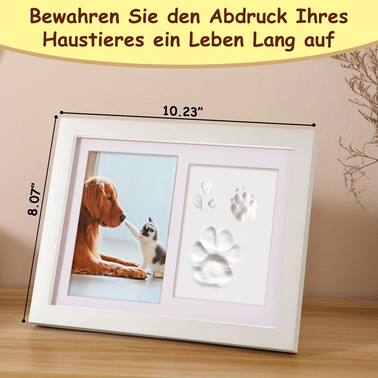 Gedenkrahmen Hund und Katze, Pfotenabdruck Set Hund Katze Fotorahmen mit Ton Impressum Kit und Foto-Display für 6 x 4“ Foto, Perfekte Andenken Geschenk für Tierbesitzer-Weiß