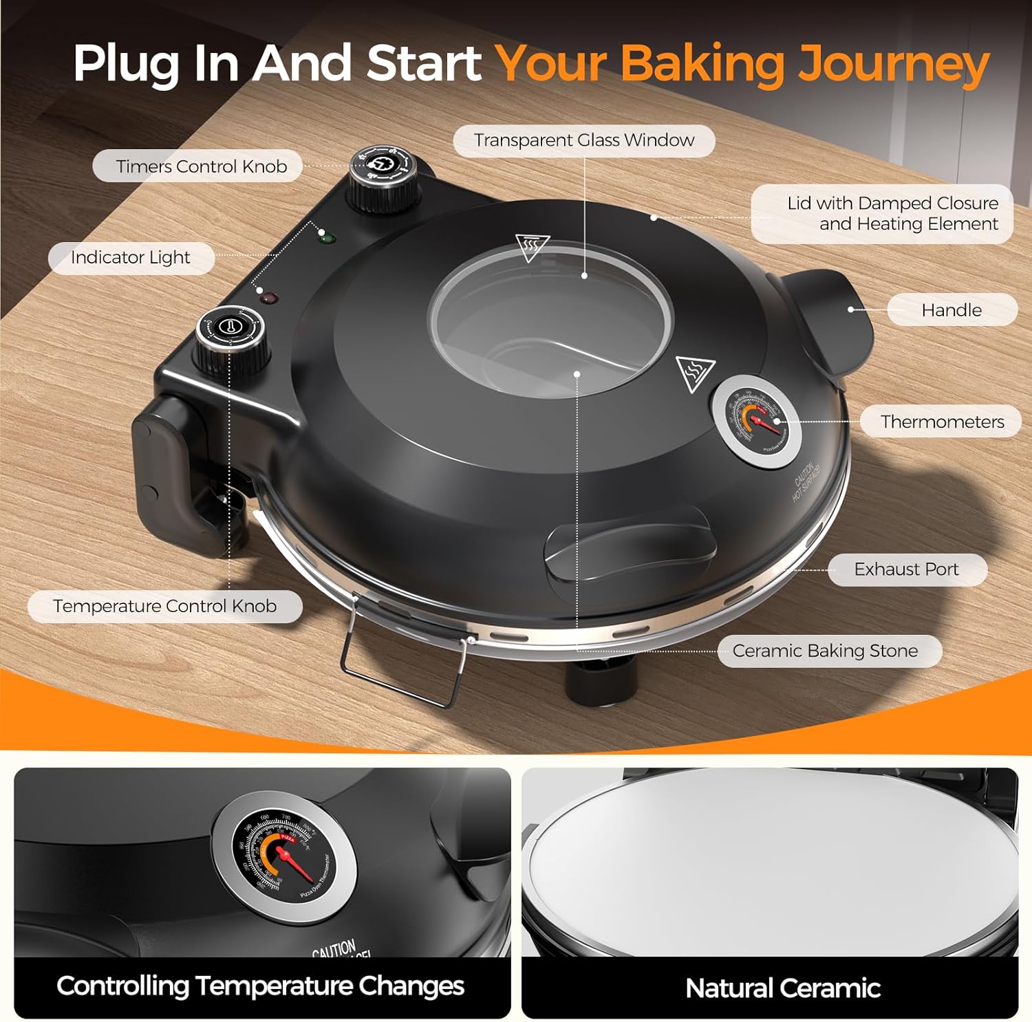 Pizza Oven Indoor Portable, 12 Inch Countertop Indoor Pizza Oven, Pizza Maker Machine For Home, Pizza Cooker with Timer And Temperatures Control Mini Smart, Black, CZP-12SWT