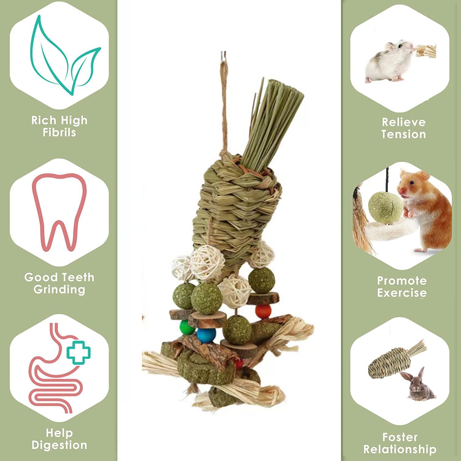 Giocattoli Da Masticare Appesi Per Conigli - Set Naturale Con Erba, Carota, Legno Per Piccoli Animali - Foto 12