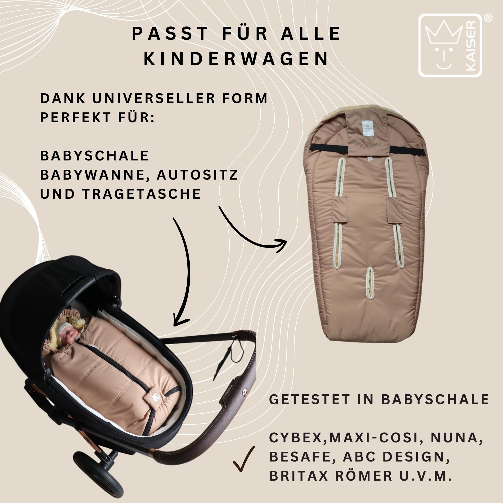 Naadja Lammfell Babyschalen Fußsack, 80 x 37 cm, Mumienform, für Babyschale und Babywanne (sand)