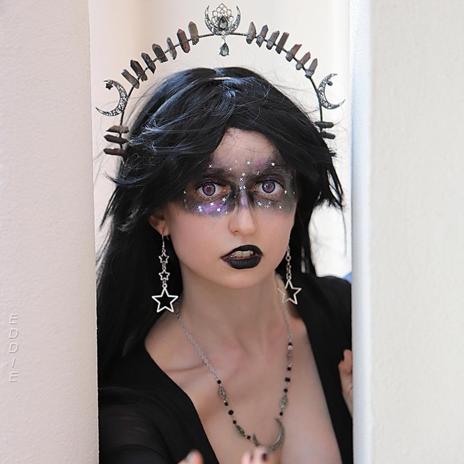 Goth Goddess Halo Crown - Black Moon Star Headband Gothic Wedding Quartz Crystal Headpiece for Carnival Cosplay Party Festival Photoshoot Halloween Headdress - Image 2
