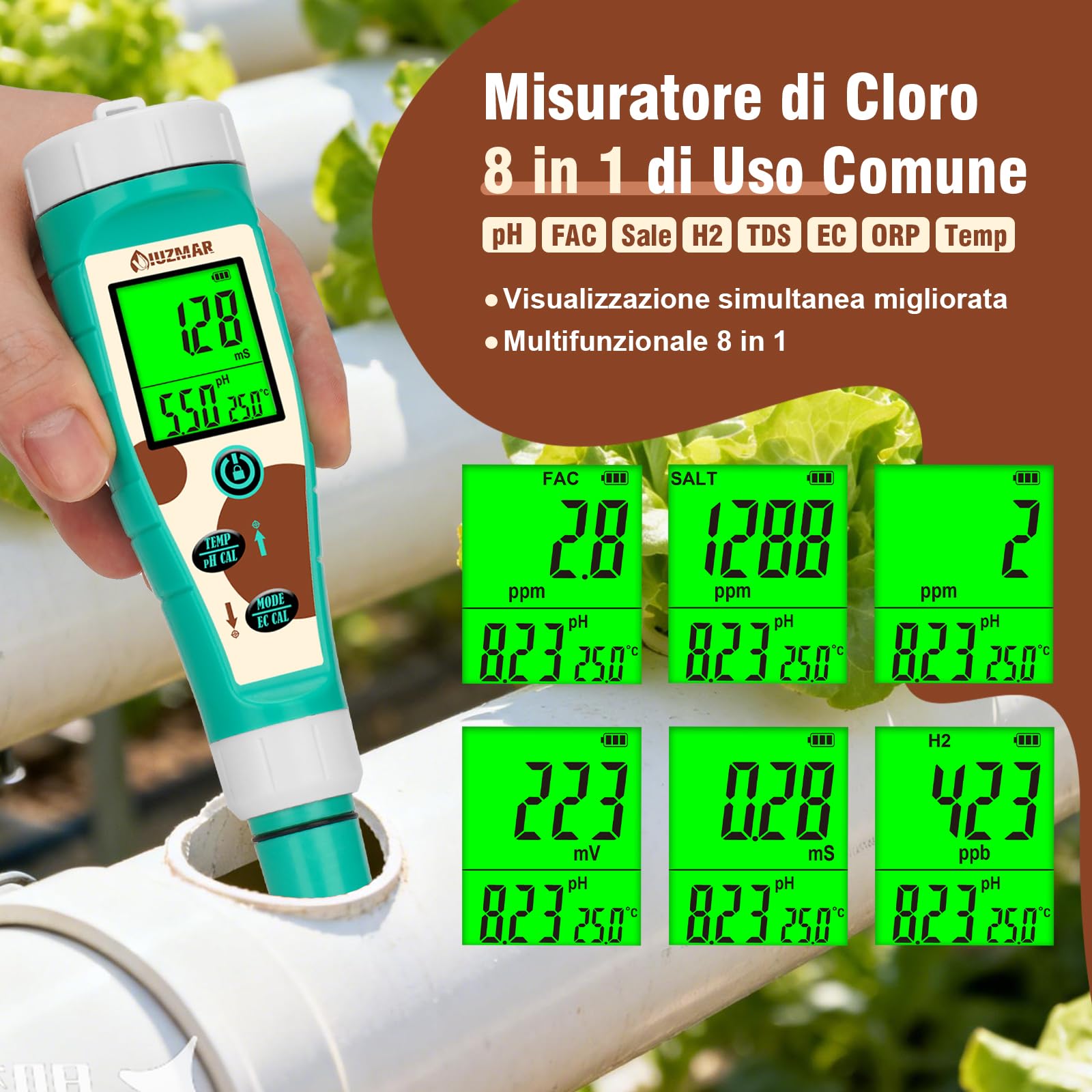 UIUZMAR Misuratore di pH e Sale cloro per piscina, Tester di pH e ORP per Idrogeno per Acqua Potabile, 8 in 1 pH, Sale, Cloro, H2, ORP, EC, TDS, Temperatura per Idroponica, Acquario