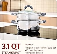 Vista 2 de SUNHOUSE Ollas de vapor de 3 cuartos con tapa, utensilios de cocina multiusos de acero inoxidable de 2 niveles con asas que se mantienen frescas
