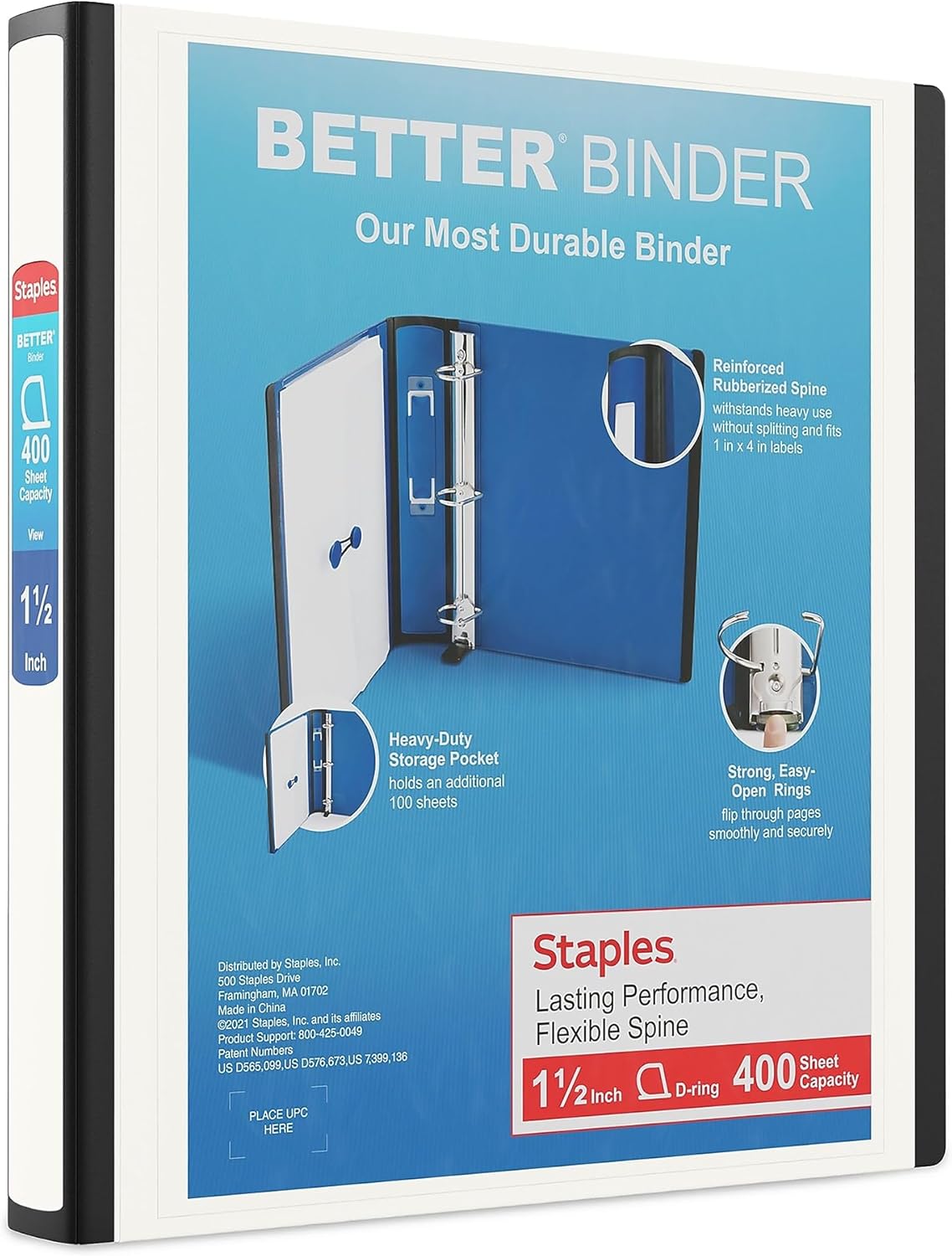 Staples Better Binder, 1.5" Heavy‑Duty D‑Ring 3‑Ring Binder, White, Reinforced Spine, Holds 400 Sheets, Long‑Lasting School & Office Organizer, 3‑Pack