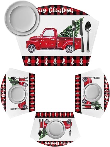 Juego de 2 manteles individuales de mesa redonda color rojo con marco a cuadros color rojo negro con forma de cuña antideslizantes lavables con