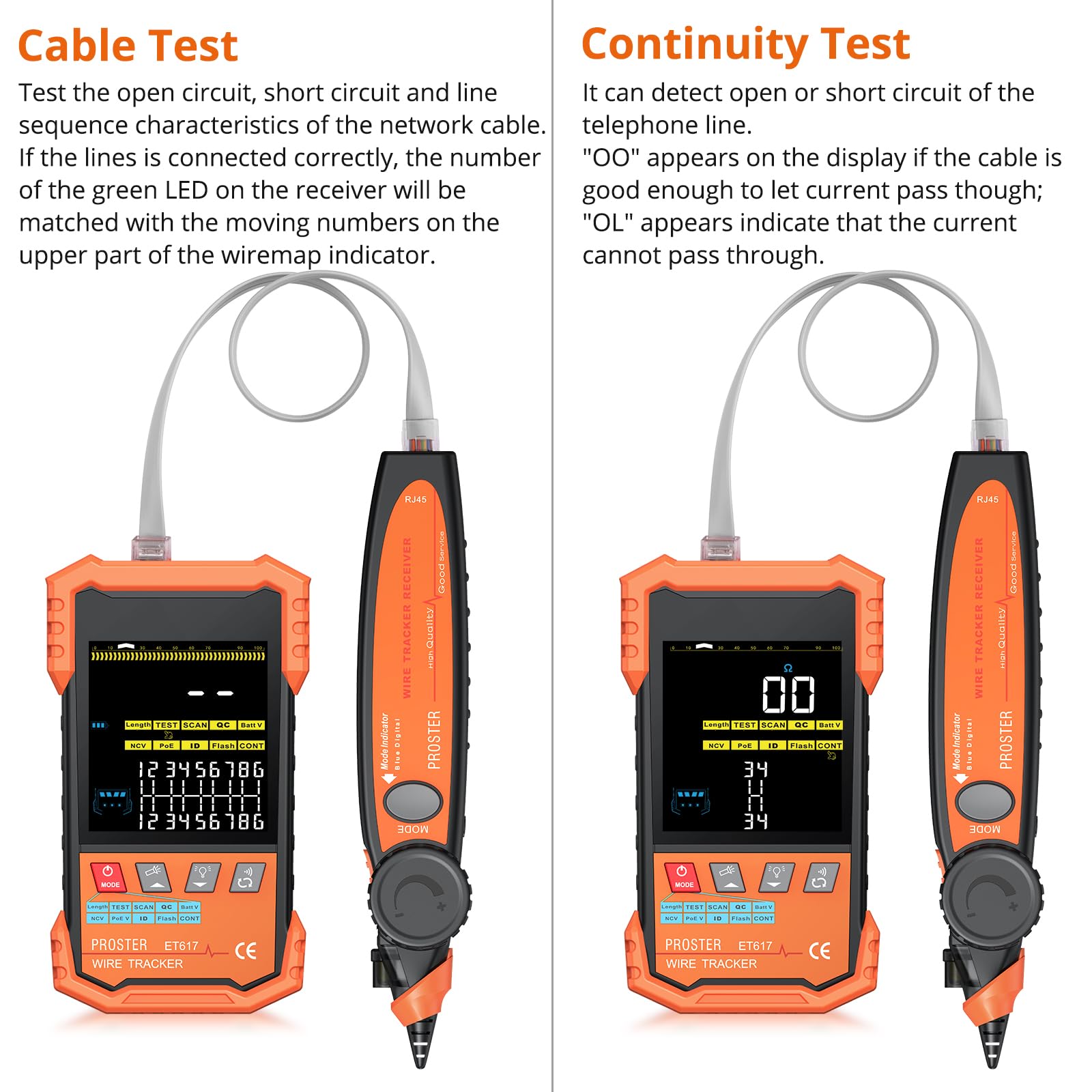 Proster Tester kabli PoE Tester kabli z cyfrowym i analogowym trybem wyszukiwania kabli,kolorowy ekran VA Tester kabla obsługuje test długości kabla dla CAT5 CAT6 CAT7 CAT8