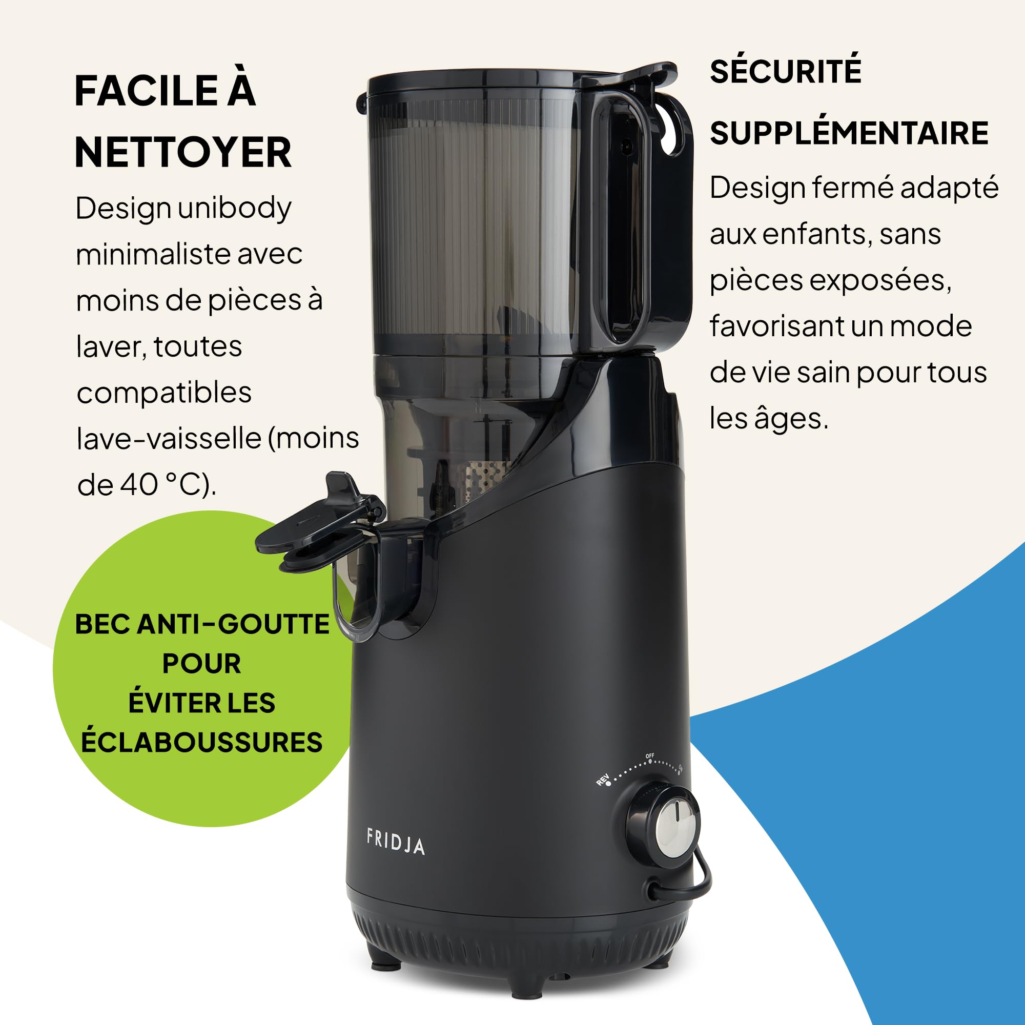 Fridja f2500 Extracteur de Jus à Alimentation Automatique 250W Goulotte 135mm Fruits Entiers Sans BPA Noir Mat