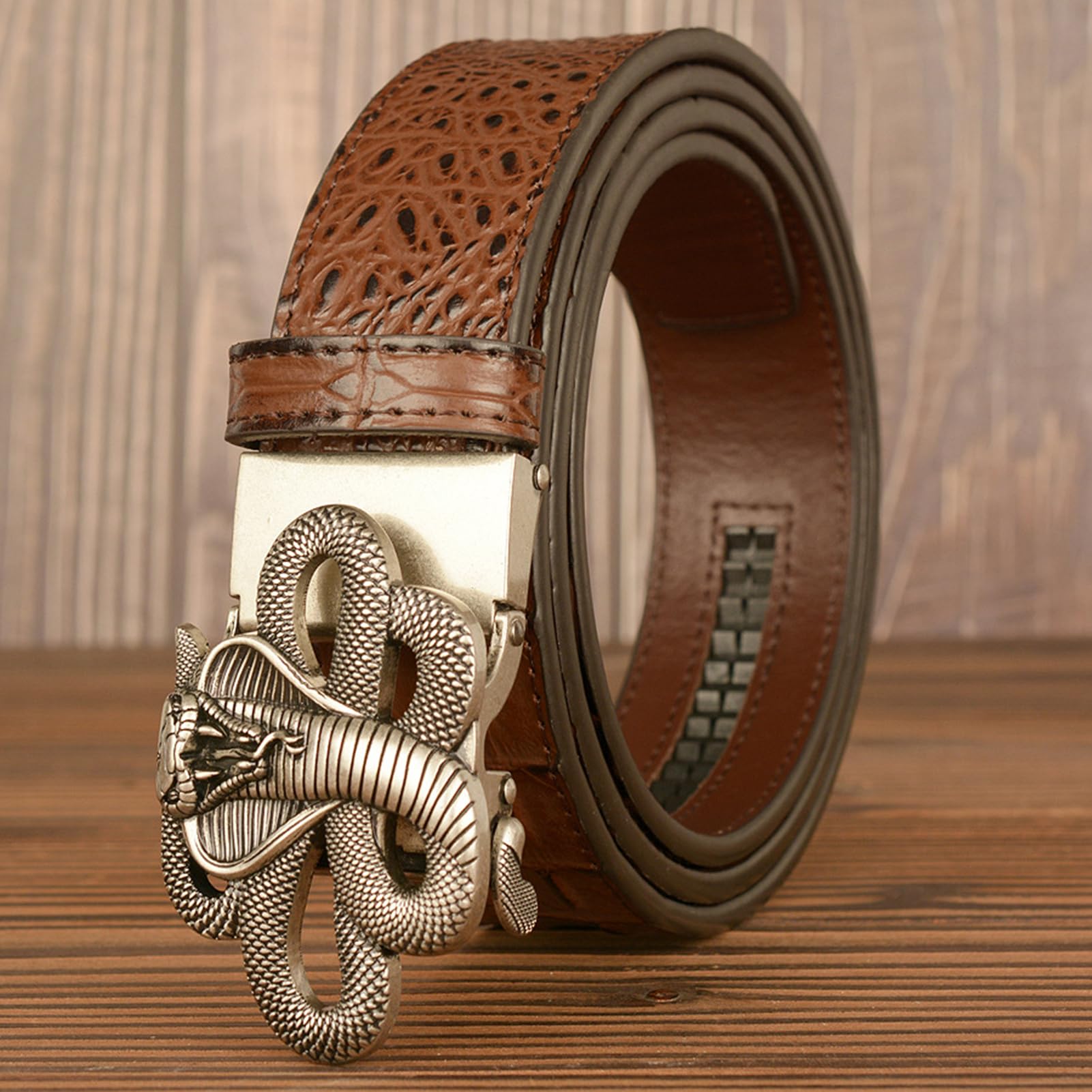 Cinturón De Trinquete Deslizante Piel Cocodrilo, Hebilla Automática Grabada Con Serpiente, Informal Trabajo Occidental Neutro (cintura 110 Cm/37 Pulgadas, Negro)