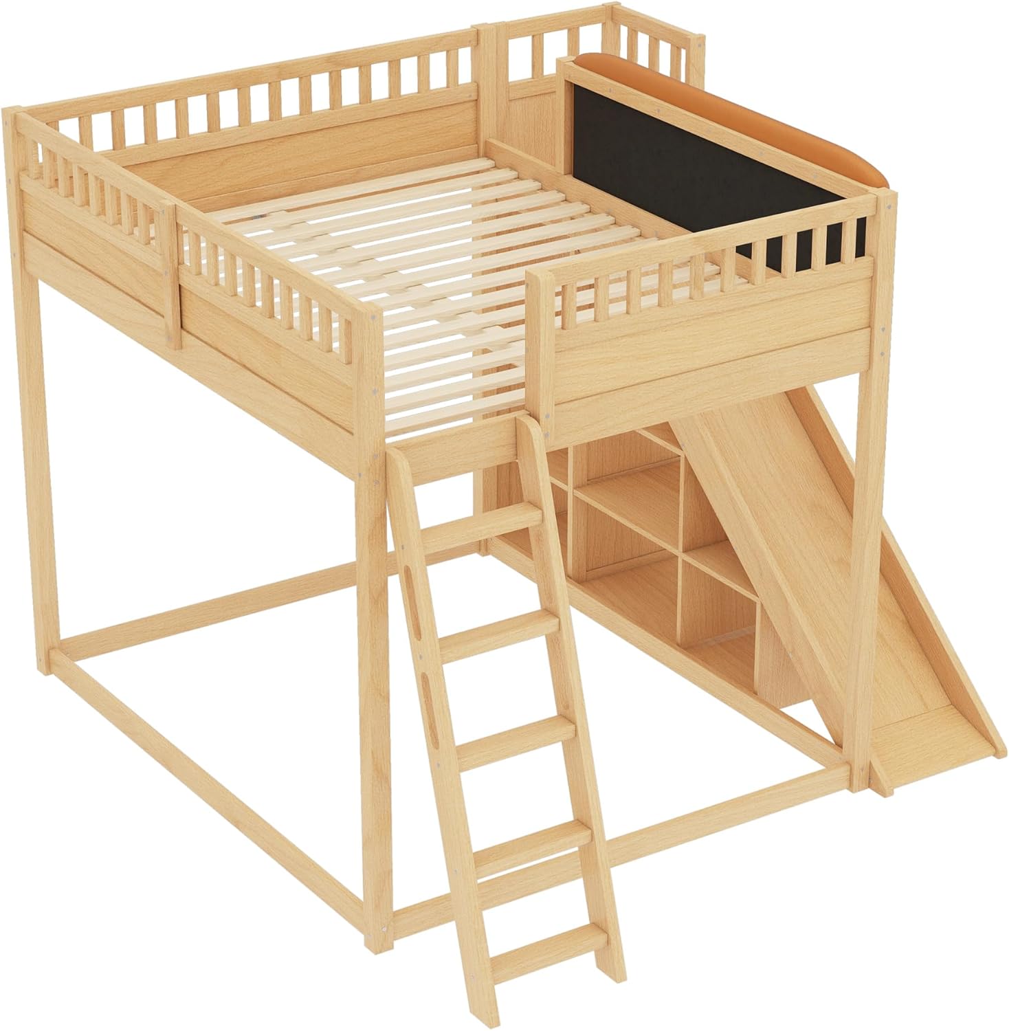 Bellemave Queen Size Kids Loft Bed with Slide and Storage Shelves for Kids,Solid Wood Loft Bed Frame with Inclined Ladder and Upholstered Headboard for Girls Boys,Space Saving,Natural